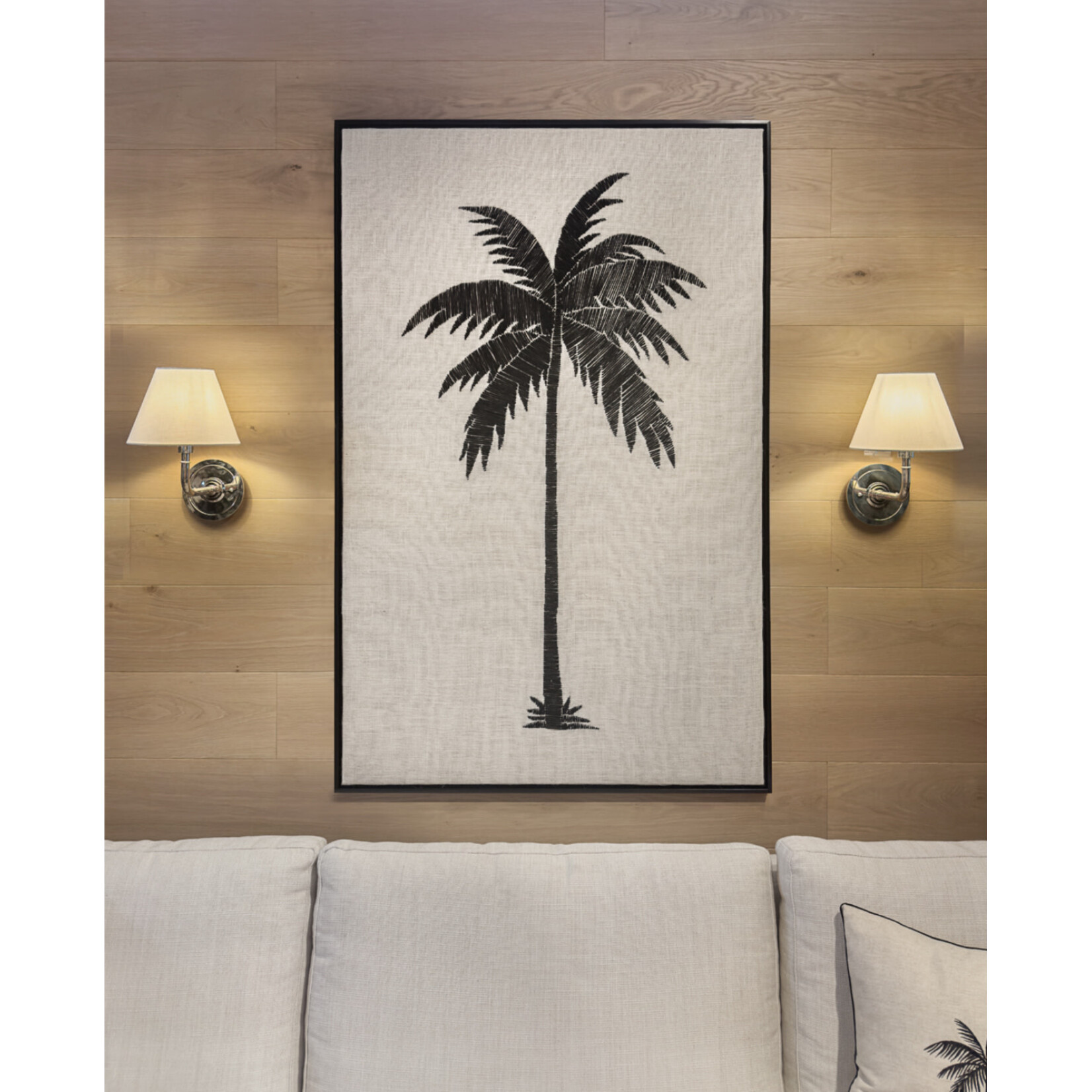 Palme schwarz gestickt auf heller Leine, 100x150cm