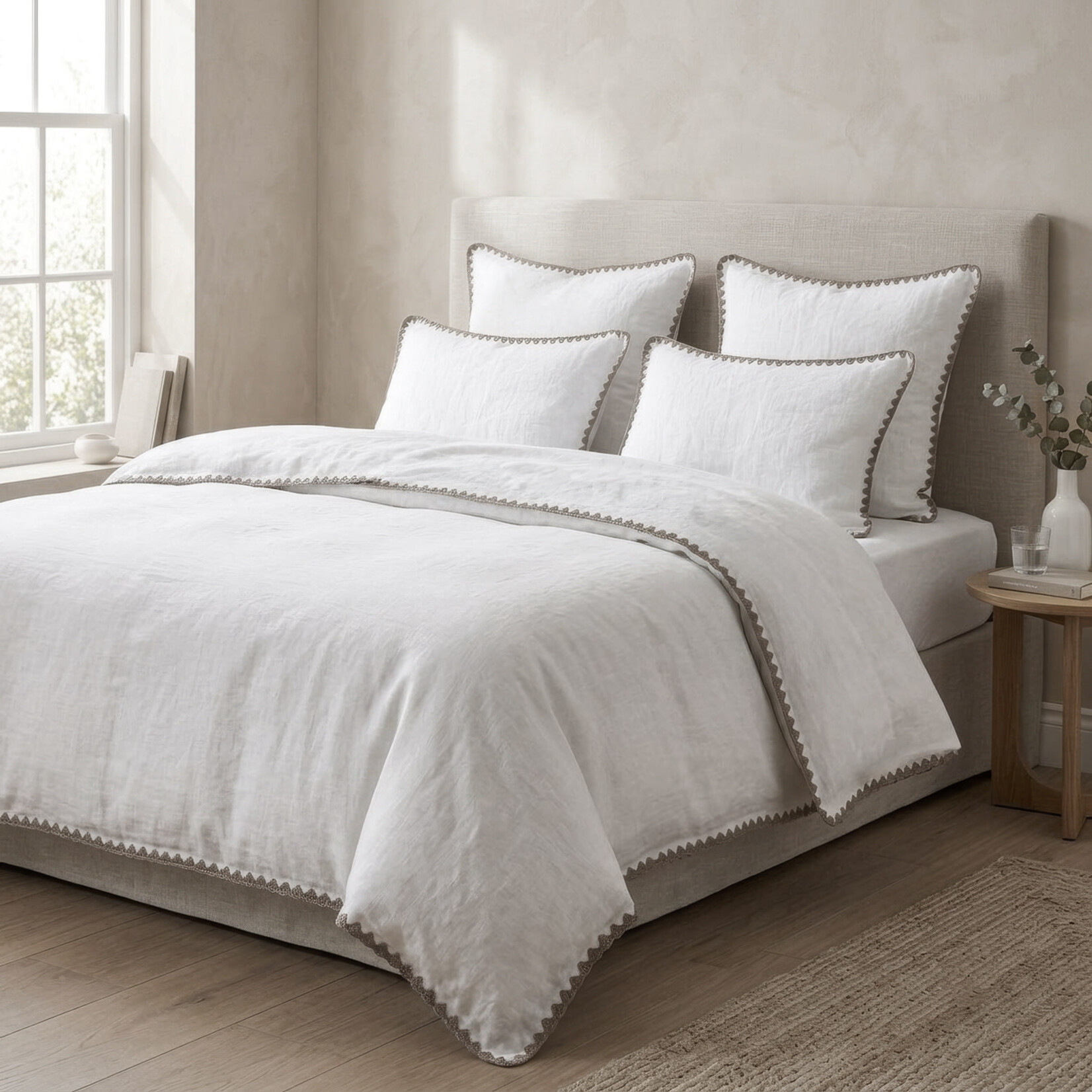 Fairhope Leinenduvetbezug 160x210cm Rückseite Baumwolle mit Stickrand  weiss-sand