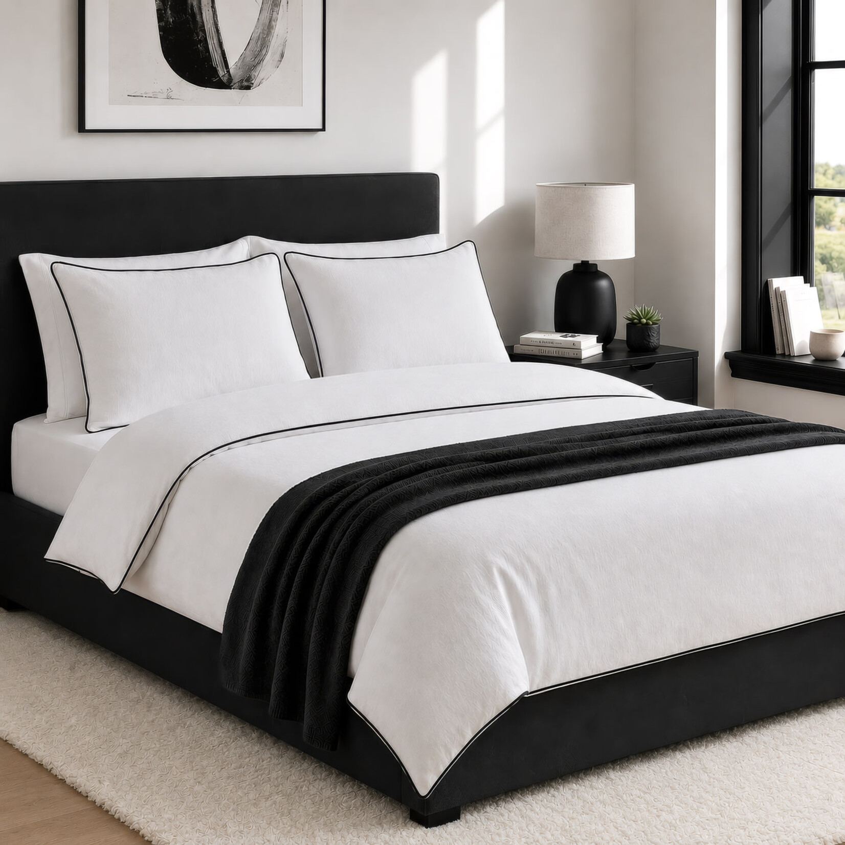 Lindeo Duvetbezug aus 100% Leinen, 240x240cm, weiss mit schwarzer Kedernaht