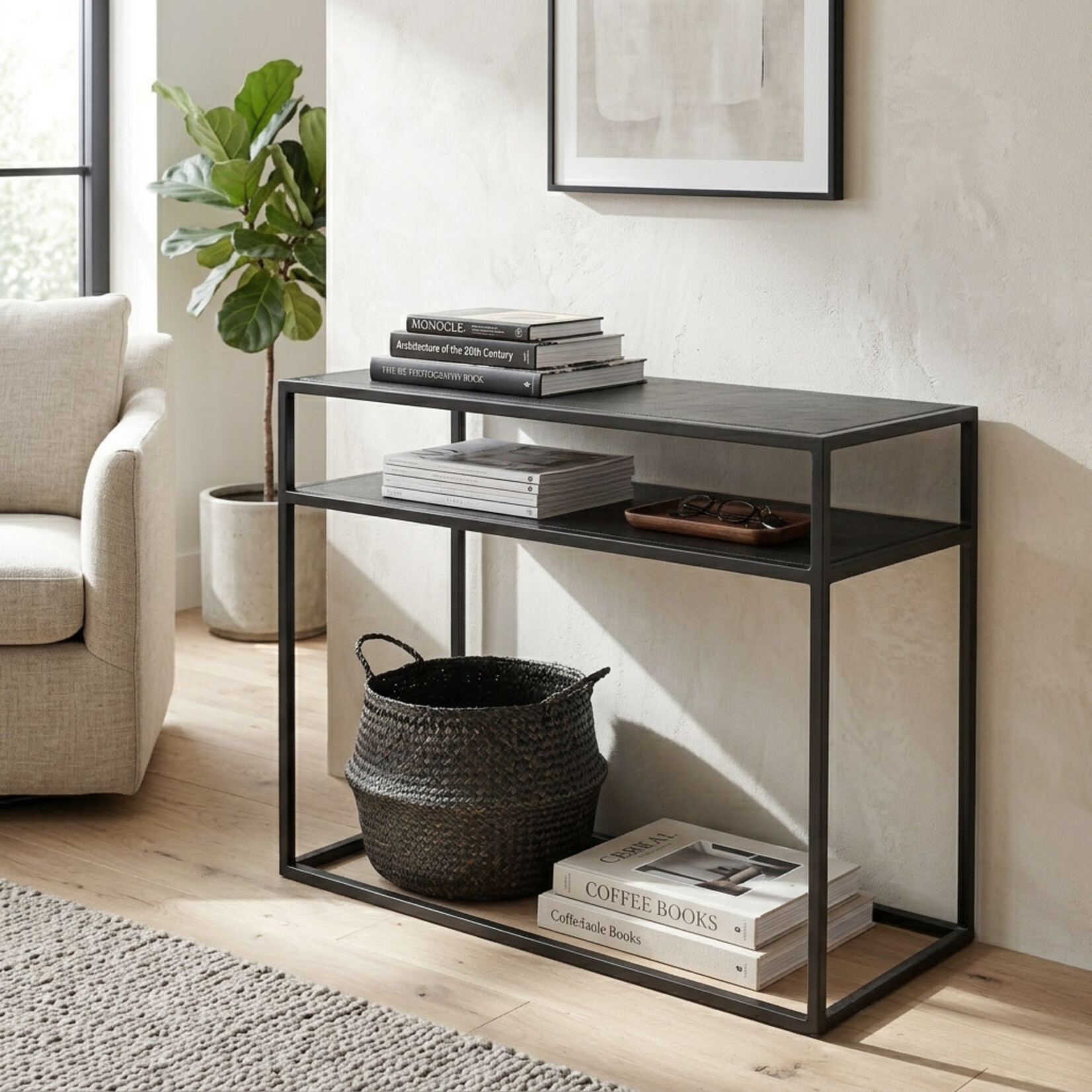 Caeso Sideboard 100x30x85cm, Gestell: schwarz, Leder: schwarz