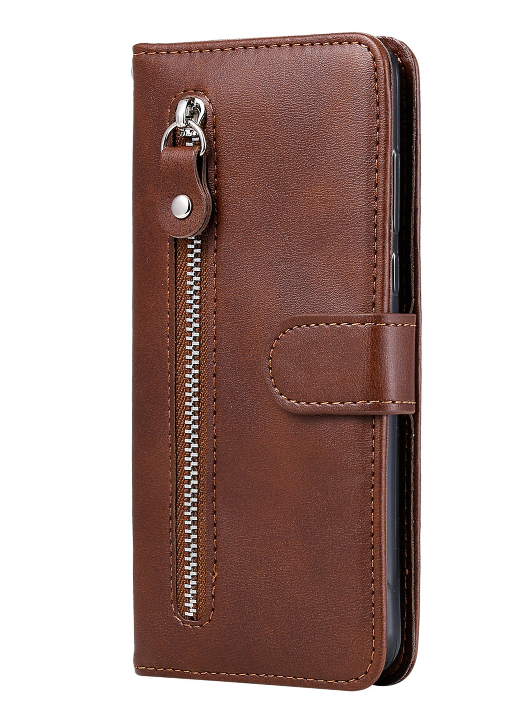 JVS Products iPhone 12 hoesje - Bookcase - Pasjeshouder - Portemonnee - Rits - Kunstleer - Bruin