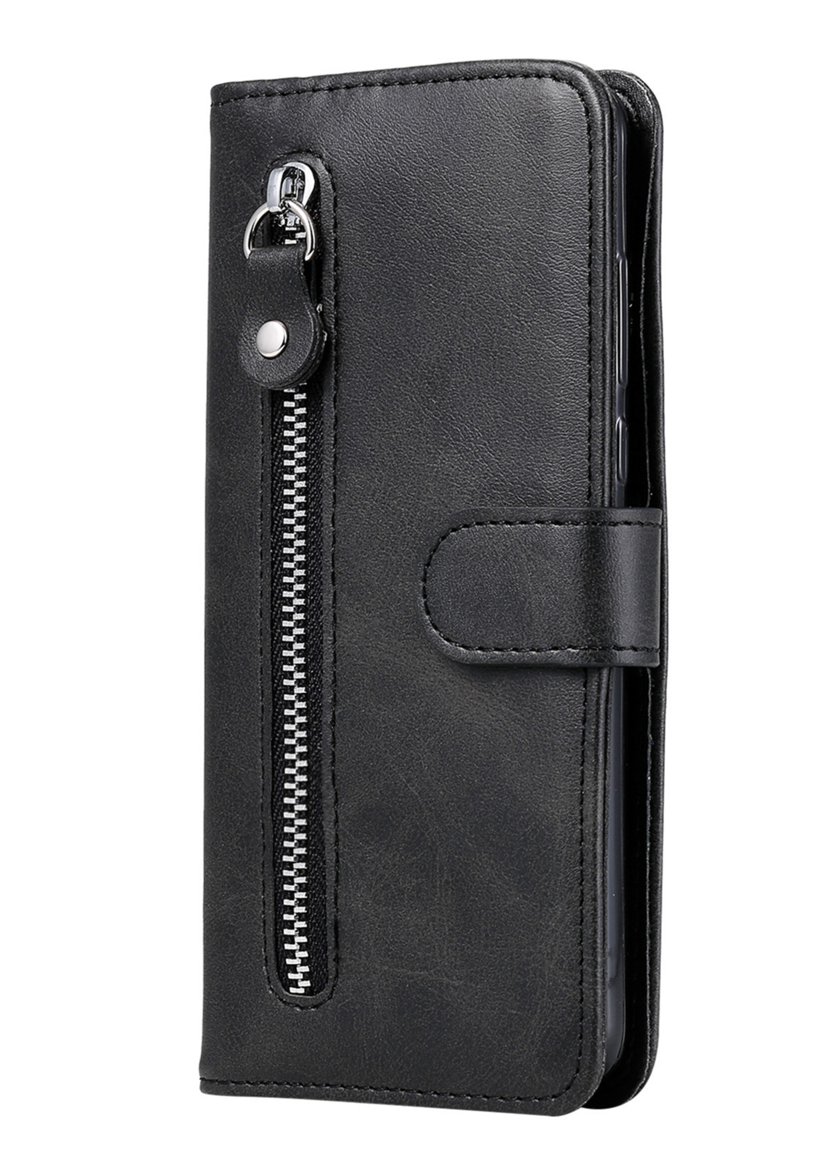 JVS Products iPhone 12 hoesje - Bookcase - Pasjeshouder - Portemonnee - Rits - Kunstleer - Zwart