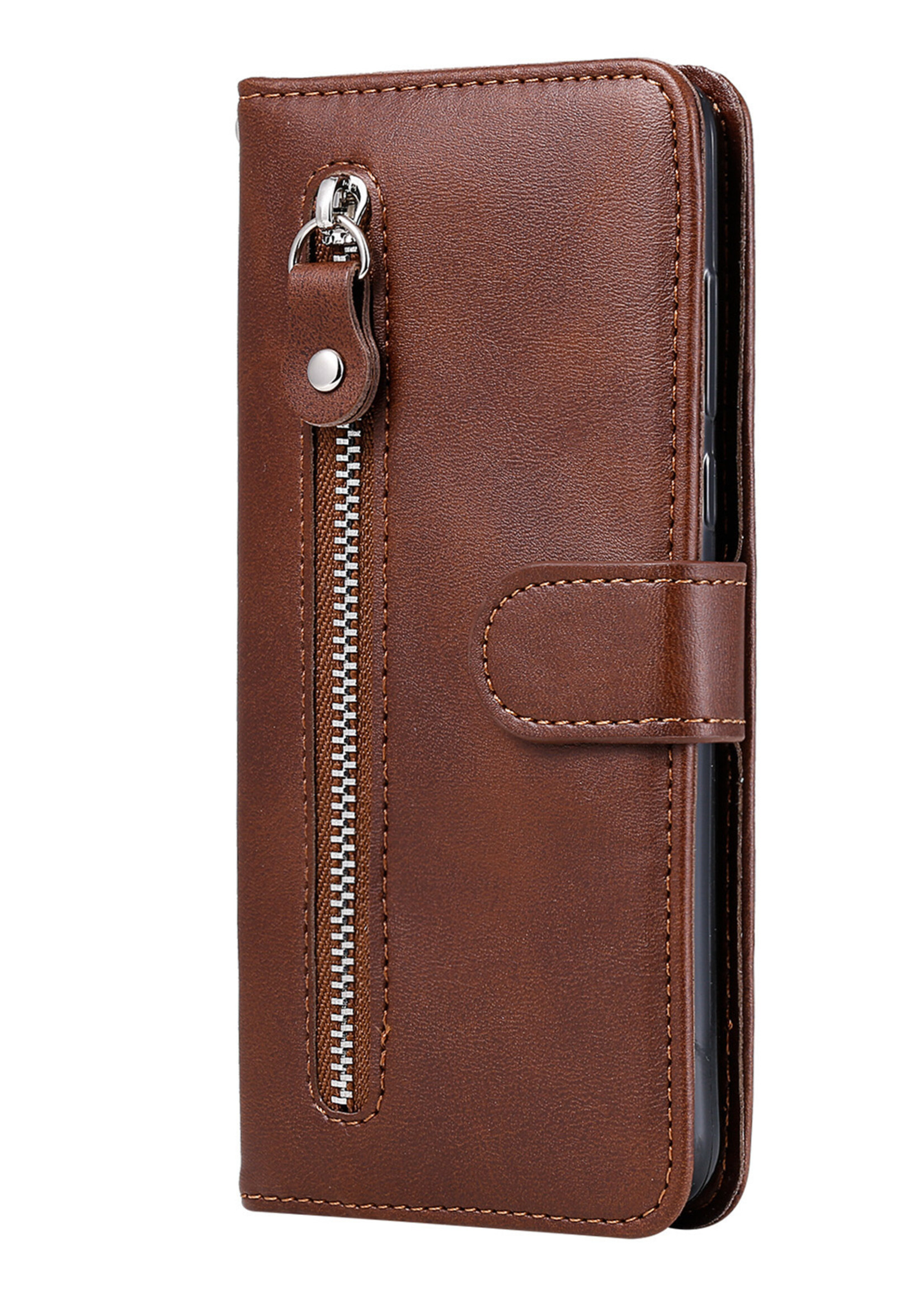 JVS Products Samsung Galaxy A42 hoesje - Bookcase - Pasjeshouder - Portemonnee - Rits - Kunstleer - Bruin