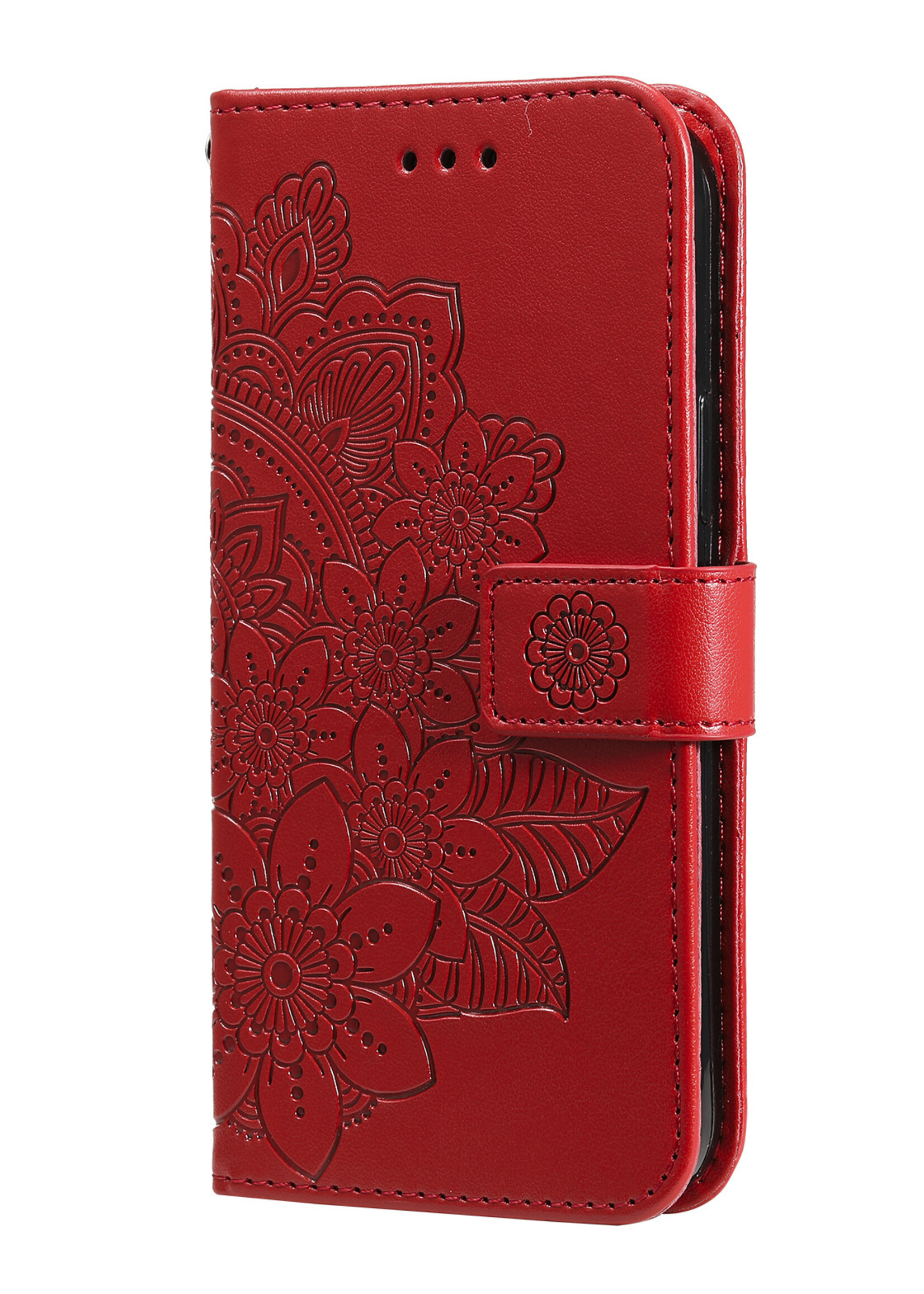 JVS Products Xiaomi Redmi Note 10 5G hoesje - Bookcase - Pasjeshouder - Portemonnee - Bloemenprint - Kunstleer - Rood