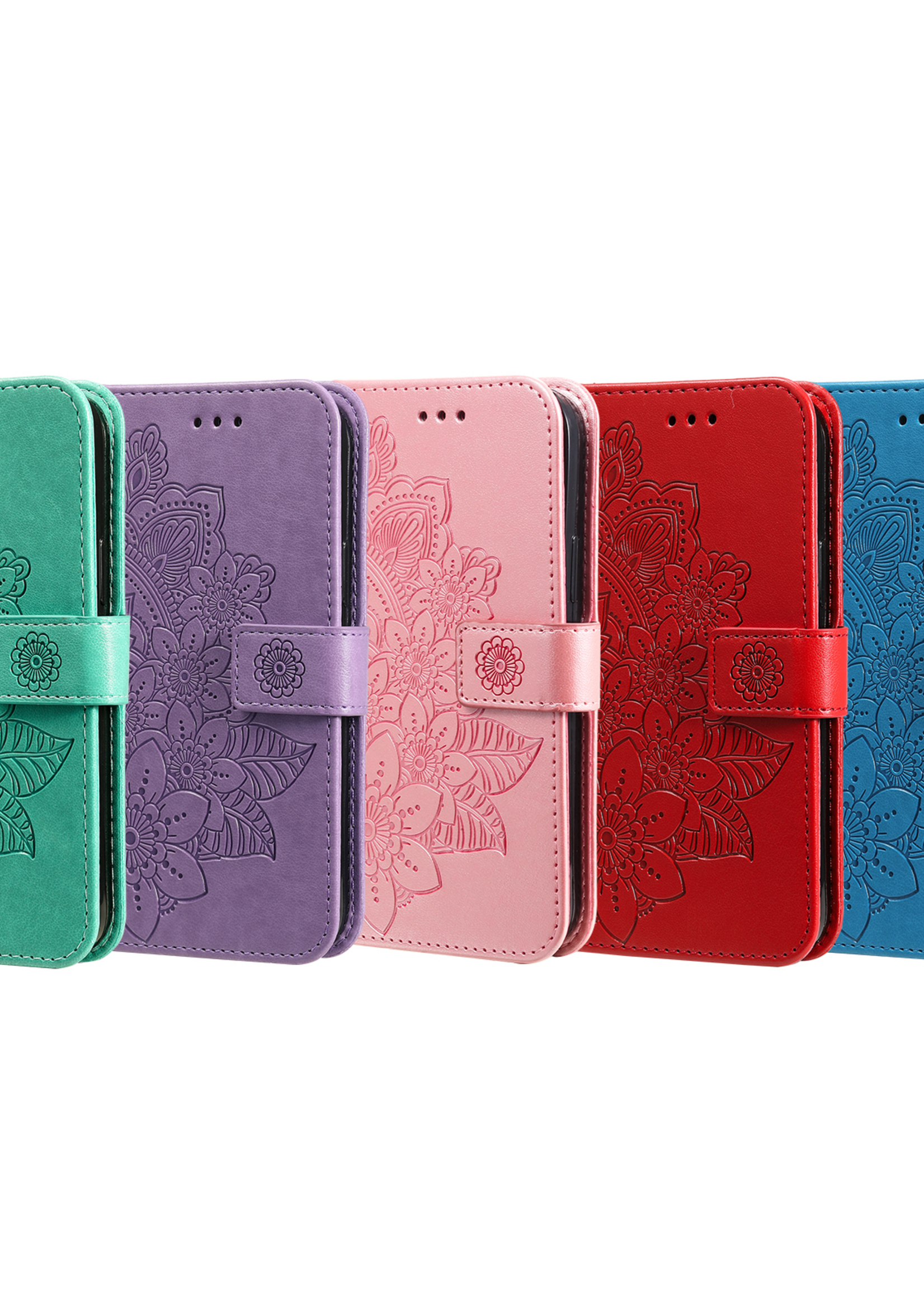 JVS Products Xiaomi Redmi Note 10 5G hoesje - Bookcase - Pasjeshouder - Portemonnee - Bloemenprint - Kunstleer - Turquoise