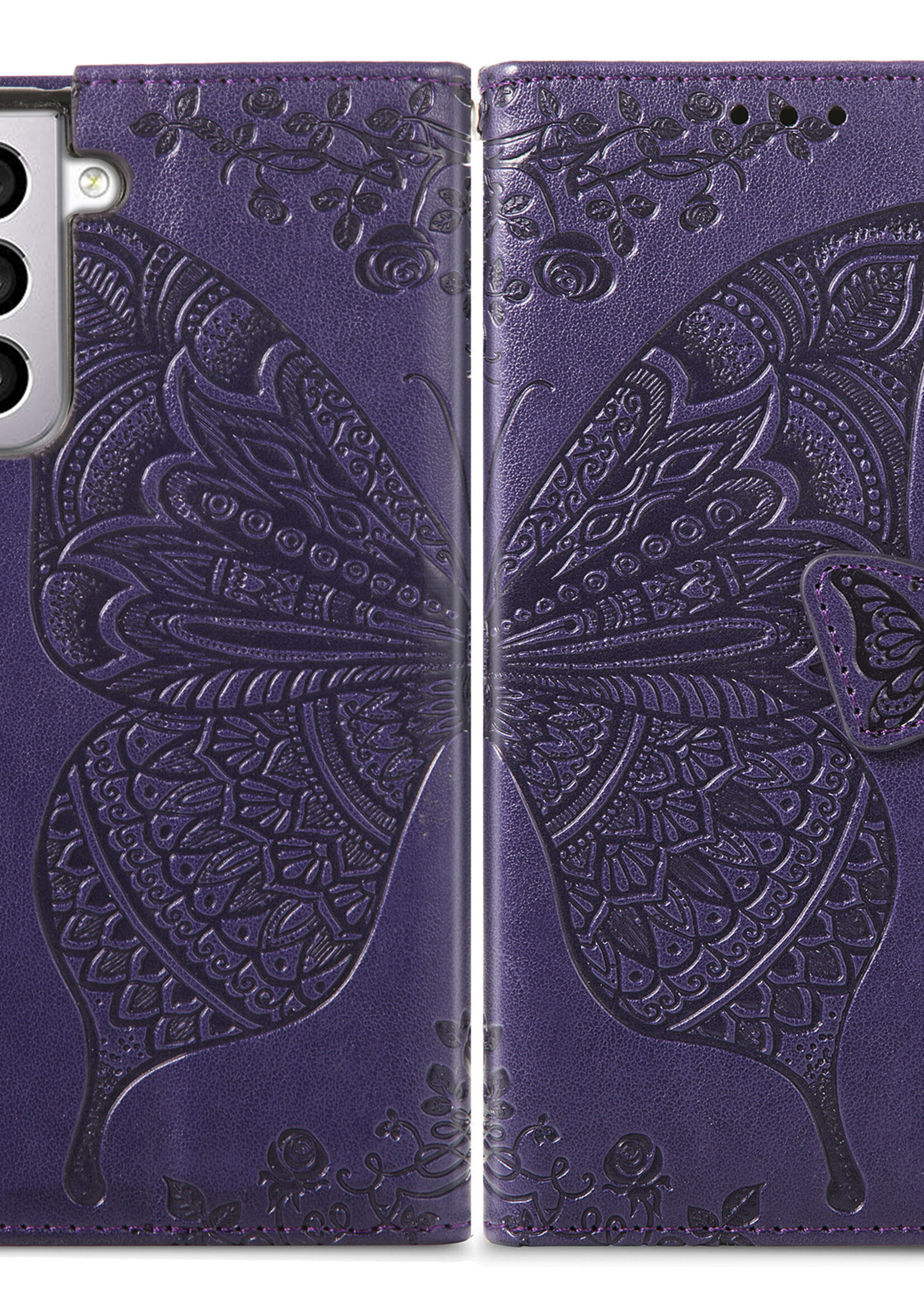 JVS Products Xiaomi Redmi Note 10 5G hoesje - Bookcase - Pasjeshouder - Portemonnee - Vlinderpatroon - Kunstleer - Donkerpaars