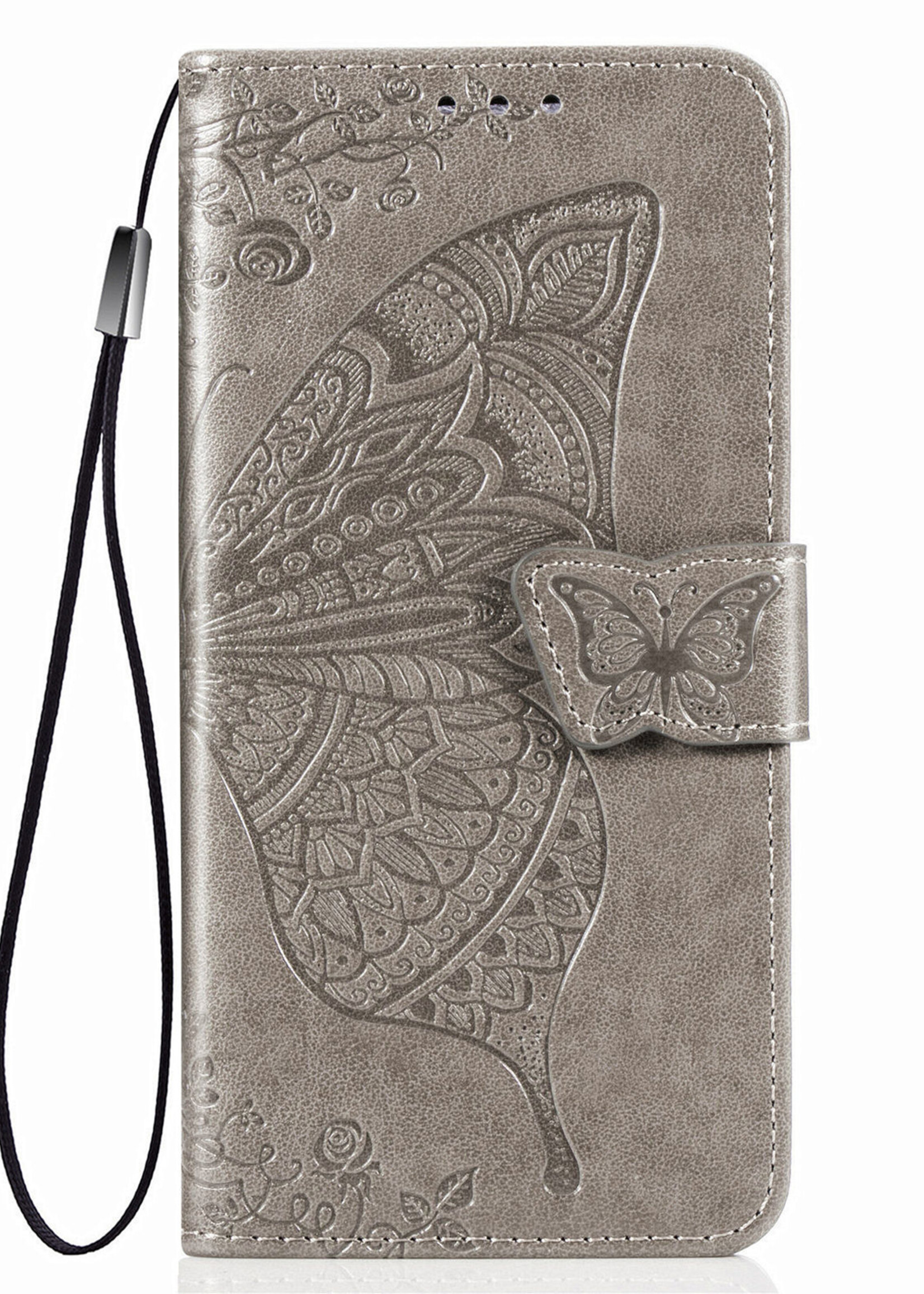 JVS Products Xiaomi Redmi Note 10 5G hoesje - Bookcase - Pasjeshouder - Portemonnee - Vlinderpatroon - Kunstleer - Grijs