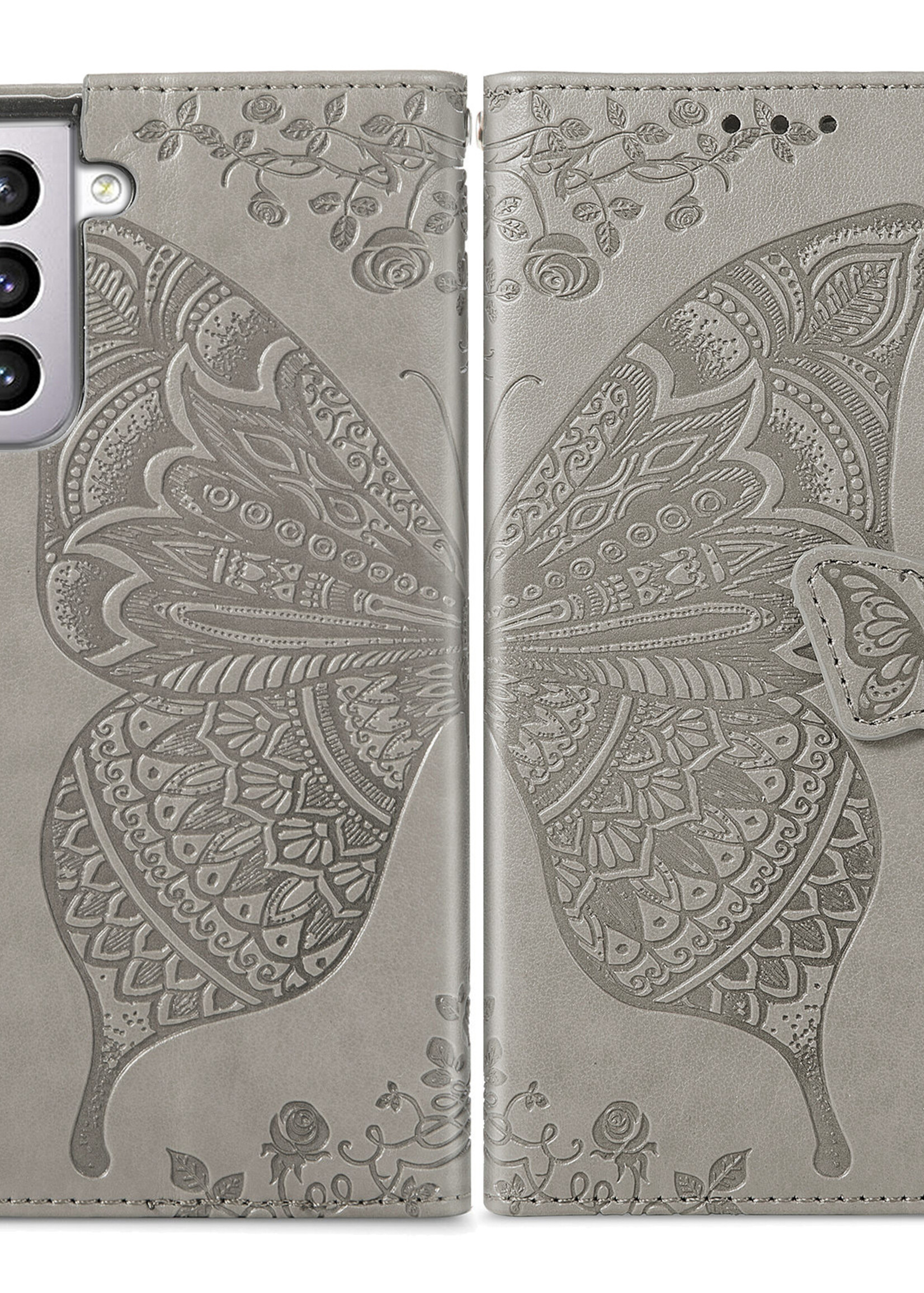 JVS Products Xiaomi Redmi Note 10 5G hoesje - Bookcase - Pasjeshouder - Portemonnee - Vlinderpatroon - Kunstleer - Grijs