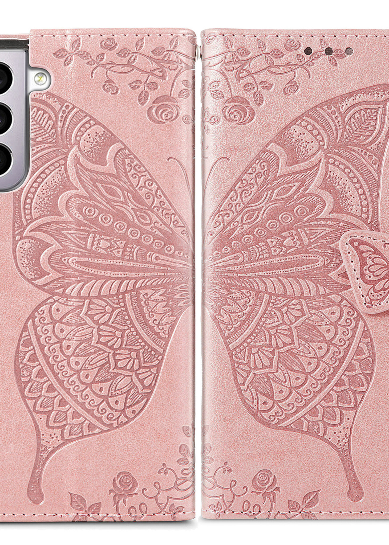 JVS Products Xiaomi Redmi Note 10 5G hoesje - Bookcase - Pasjeshouder - Portemonnee - Vlinderpatroon - Kunstleer - Rose Goud