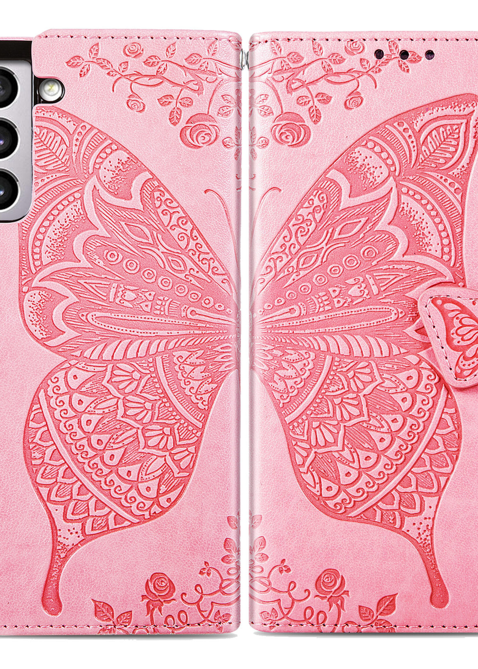 JVS Products Xiaomi Redmi Note 10 5G hoesje - Bookcase - Pasjeshouder - Portemonnee - Vlinderpatroon - Kunstleer - Roze