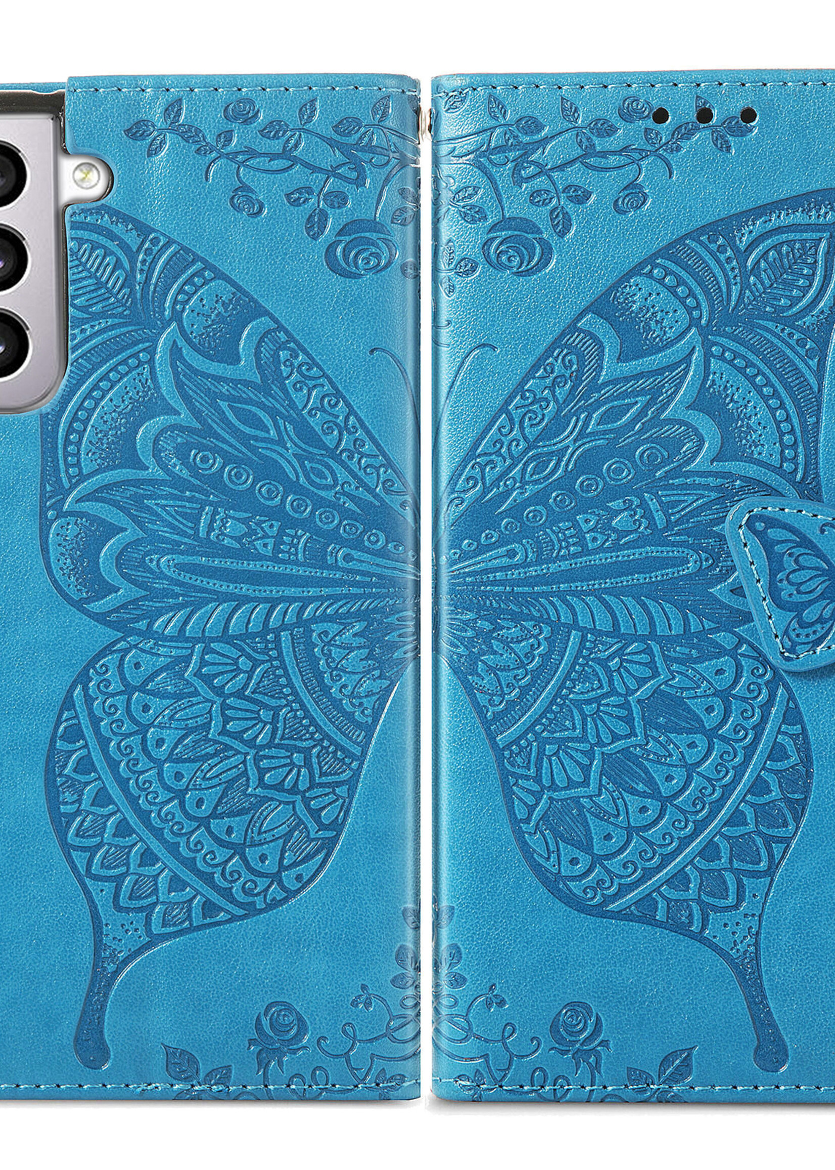 JVS Products Xiaomi Redmi Note 10 5G hoesje - Bookcase - Pasjeshouder - Portemonnee - Vlinderpatroon - Kunstleer - Blauw