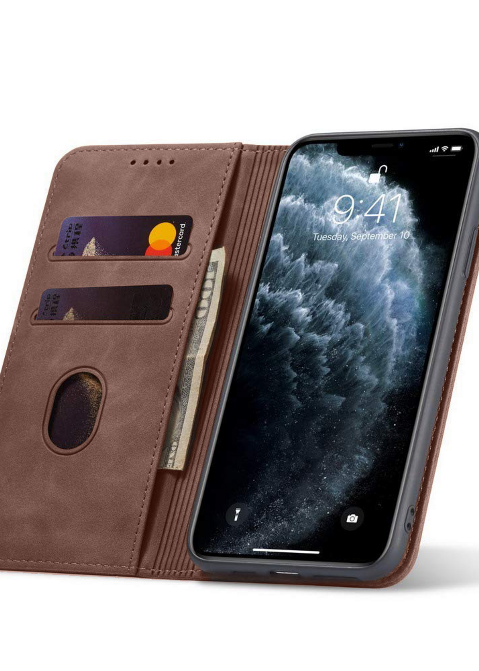 JVS Products Xiaomi Redmi Note 10 Pro hoesje - Bookcase - Pasjeshouder - Portemonnee - Kunstleer - Donkerbruin