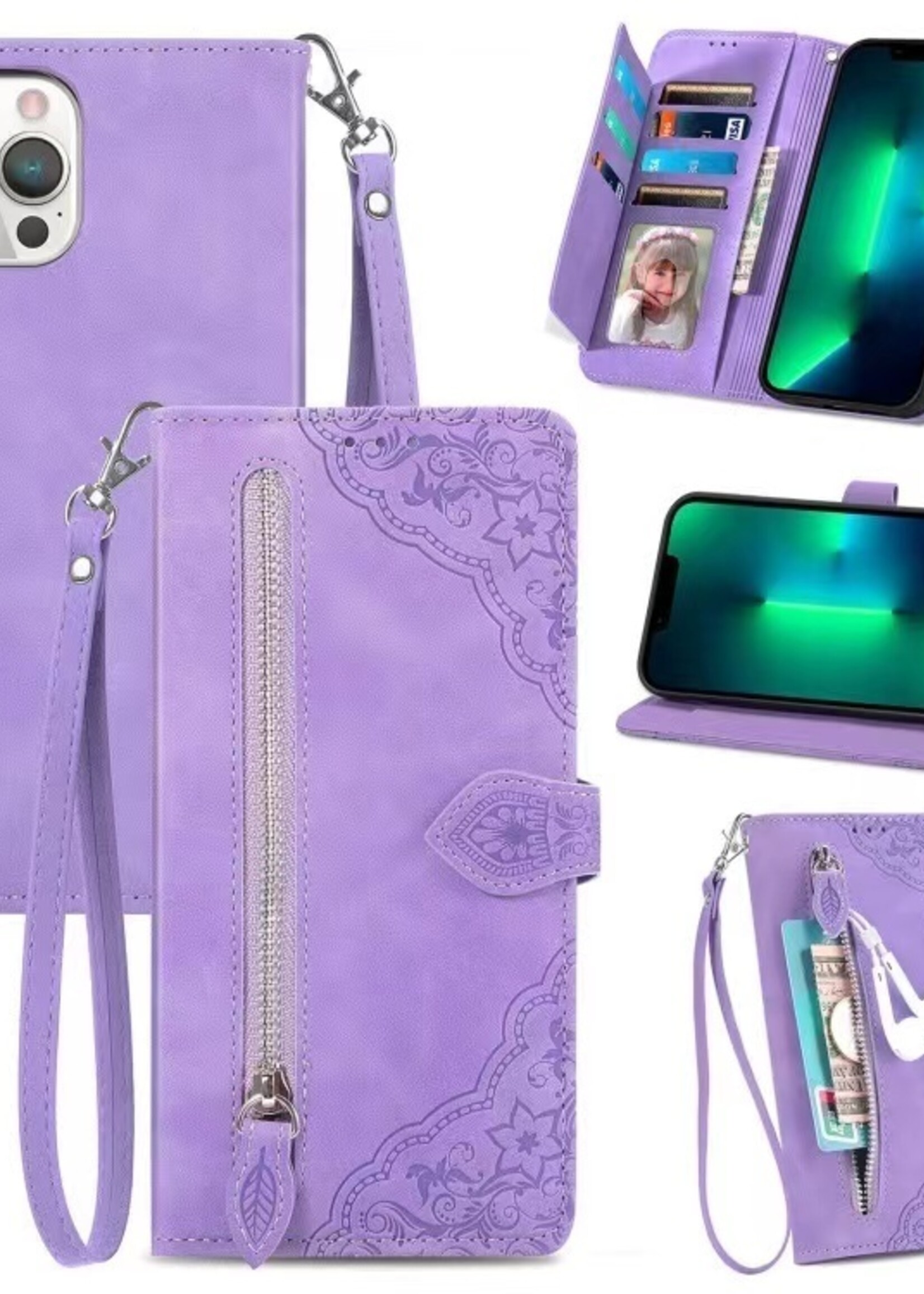 JVS Products Xiaomi Redmi Note 10 Pro hoesje - Bookcase - Koord - Pasjeshouder - Portemonnee - Bloemenpatroon - Kunstleer - Paars