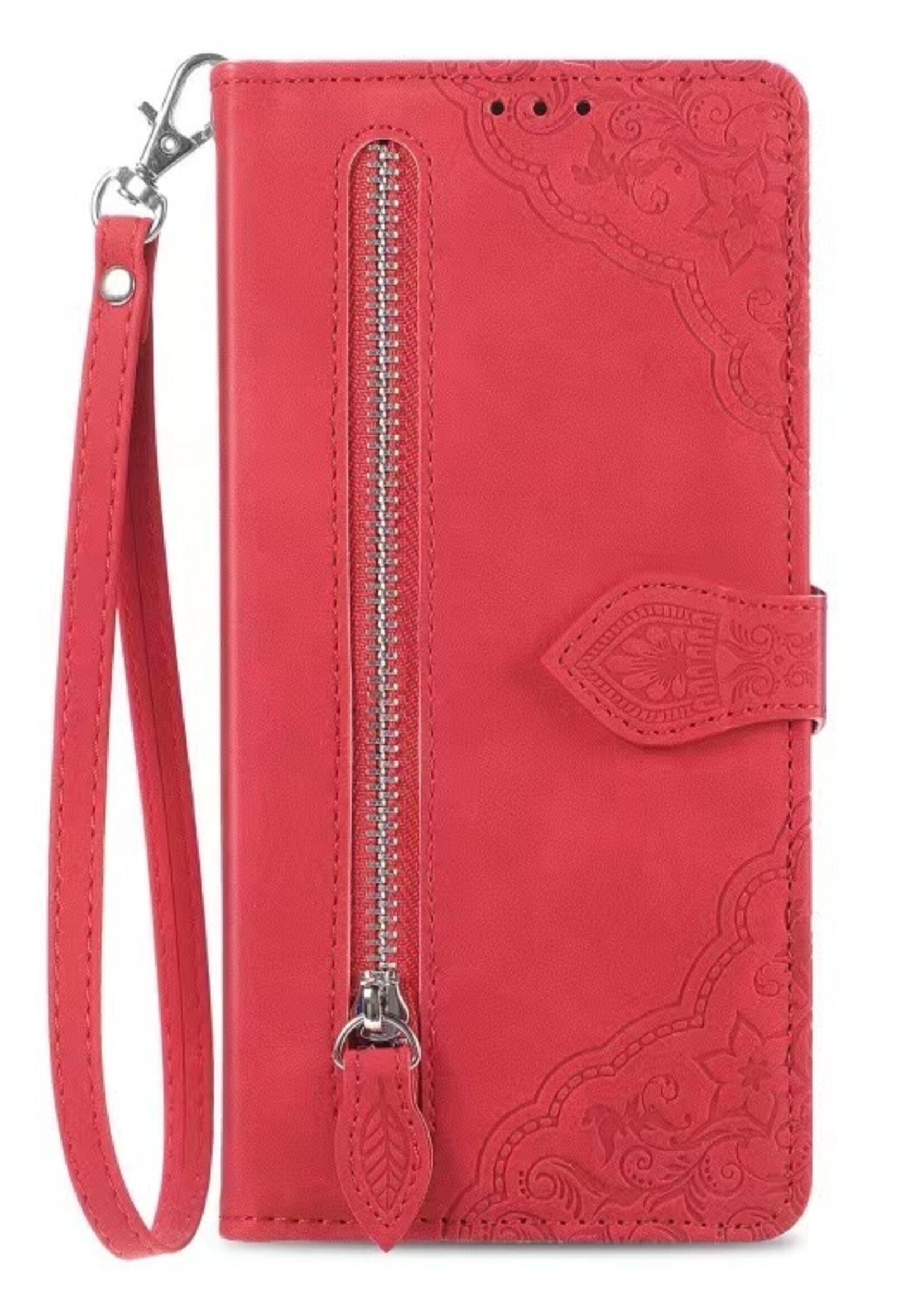 JVS Products Xiaomi Redmi Note 10 Pro hoesje - Bookcase - Koord - Pasjeshouder - Portemonnee - Bloemenpatroon - Kunstleer - Rood