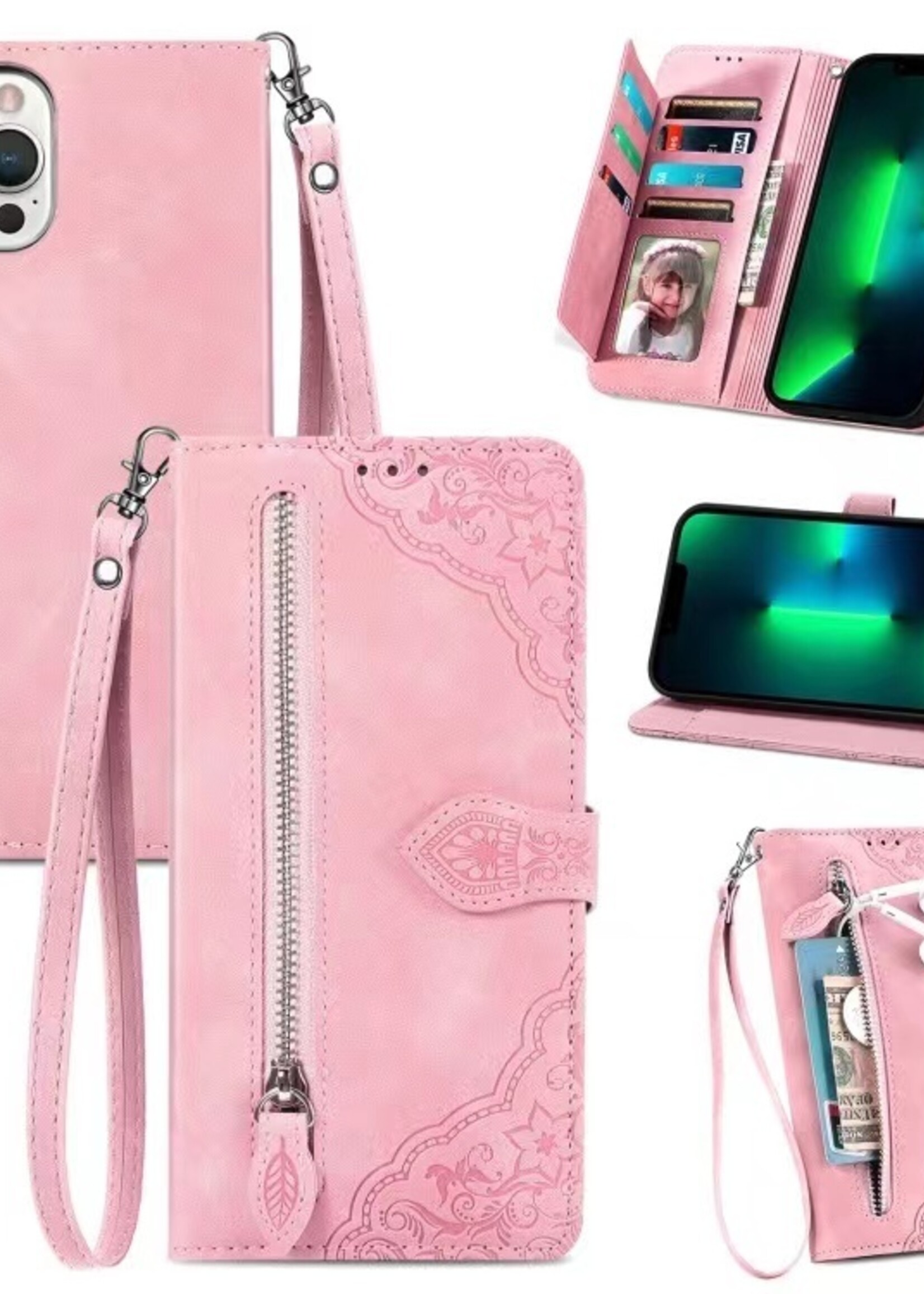 JVS Products Xiaomi Redmi Note 10 Pro hoesje - Bookcase - Koord - Pasjeshouder - Portemonnee - Bloemenpatroon - Kunstleer - Roze