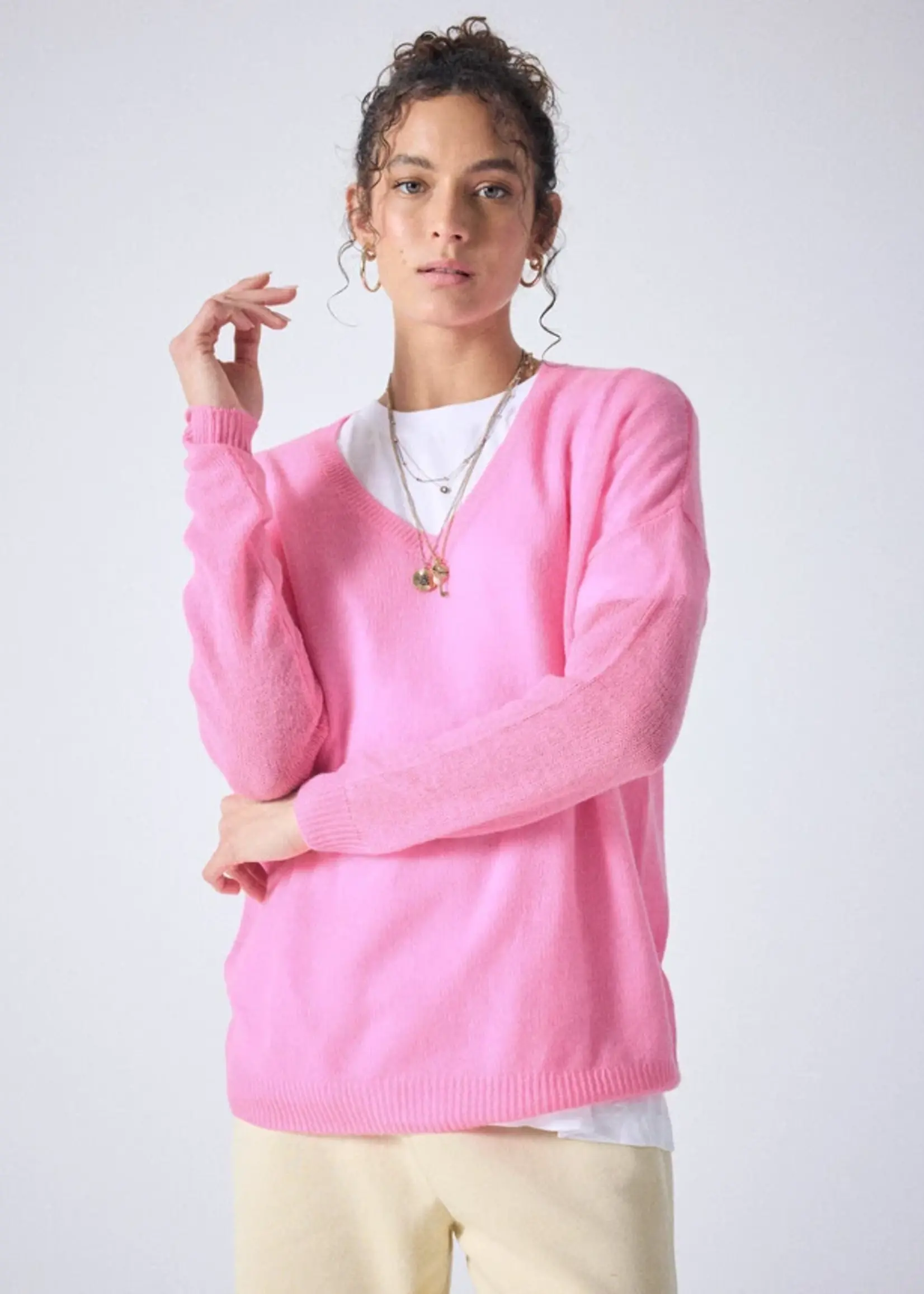 Absolut Cashmere Angelica Pull col V - Bubble Gum Neon