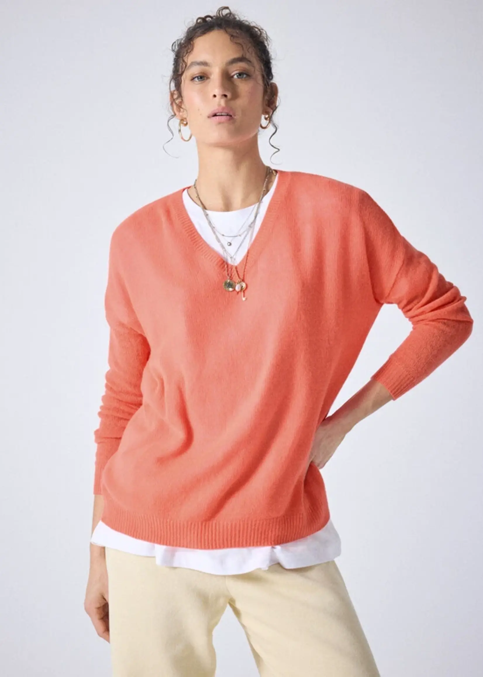 Absolut Cashmere Angelica Pull col V - Pomelo Neon