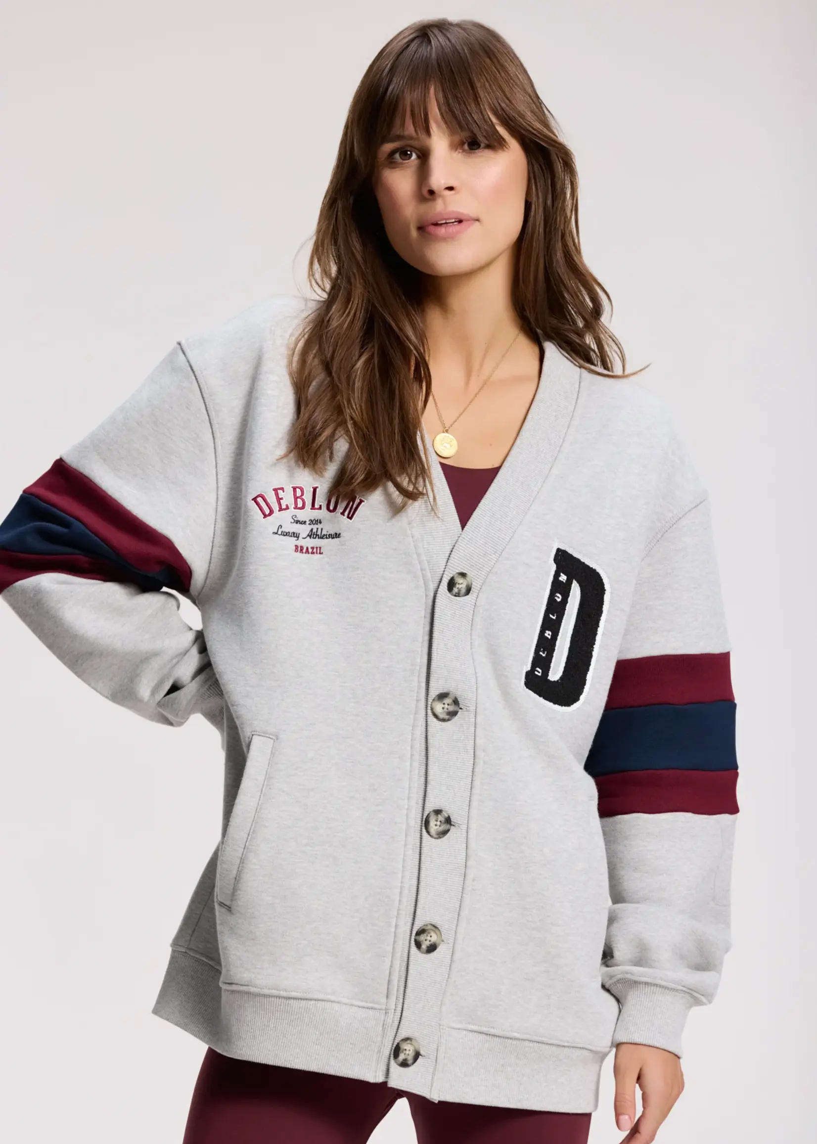 Deblon Sports Noah Varsity Cardigan - Grey Melange Bordeaux Navy