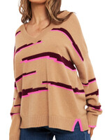Brodie Glitch Zebra V neck pull - Camel/Sangria