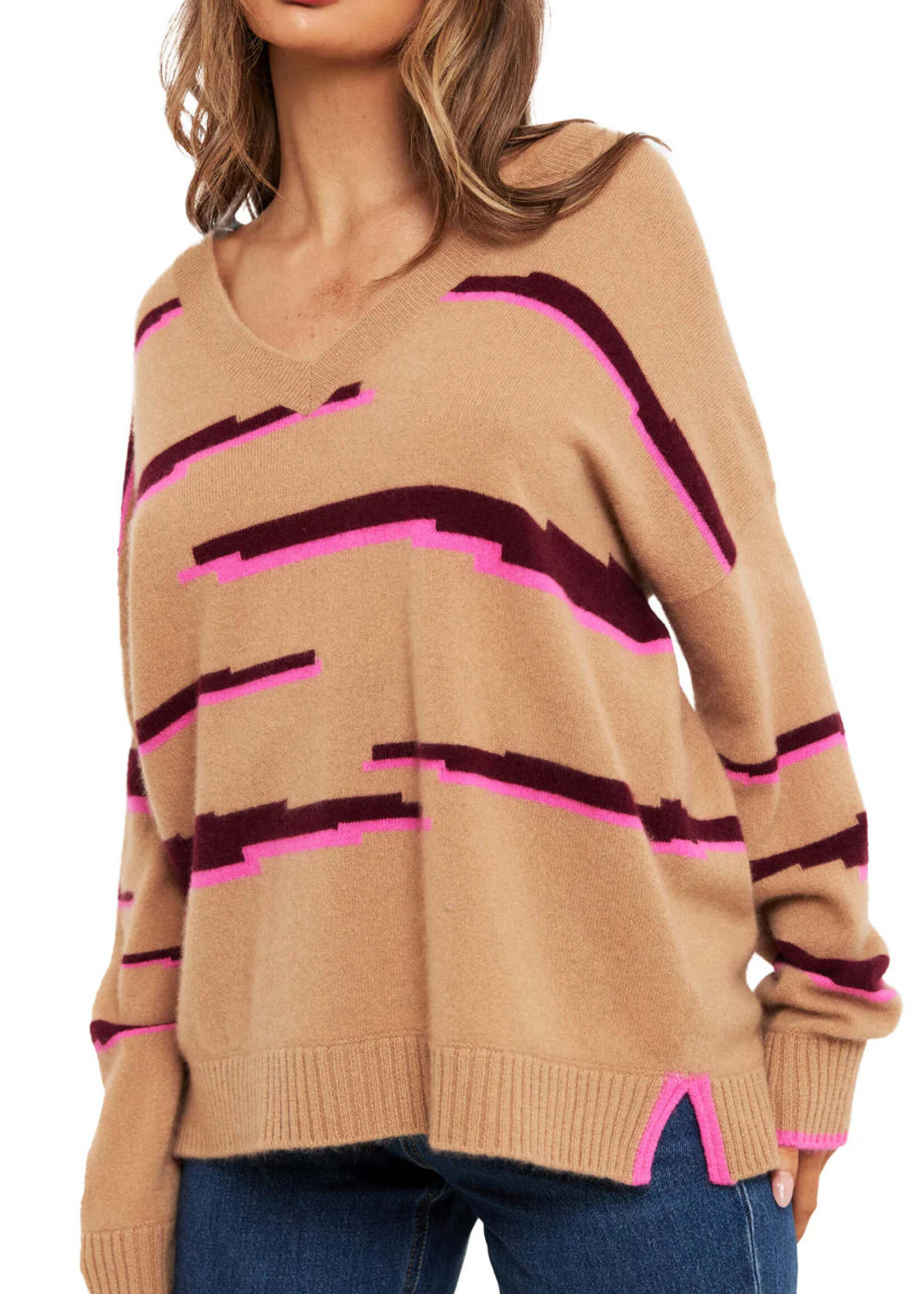 Brodie Glitch Zebra V neck pull - Camel/Sangria