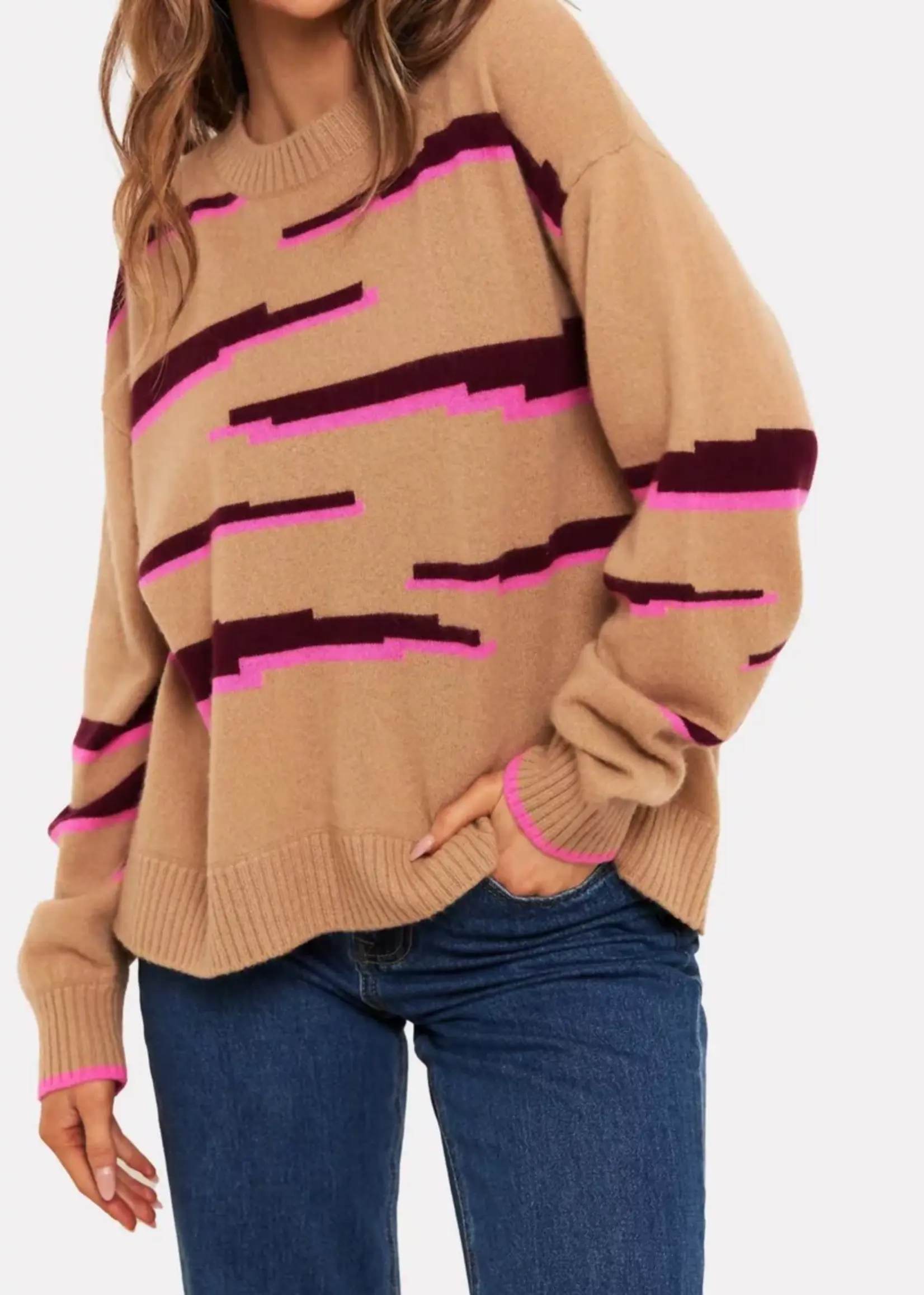 Brodie Glitch Zebra V neck pull - Camel/Sangria