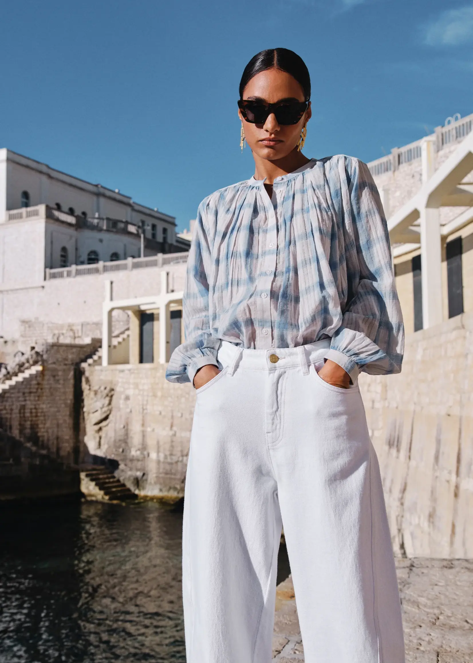 By-Bar Nyka Check Blouse - Light Blue Check