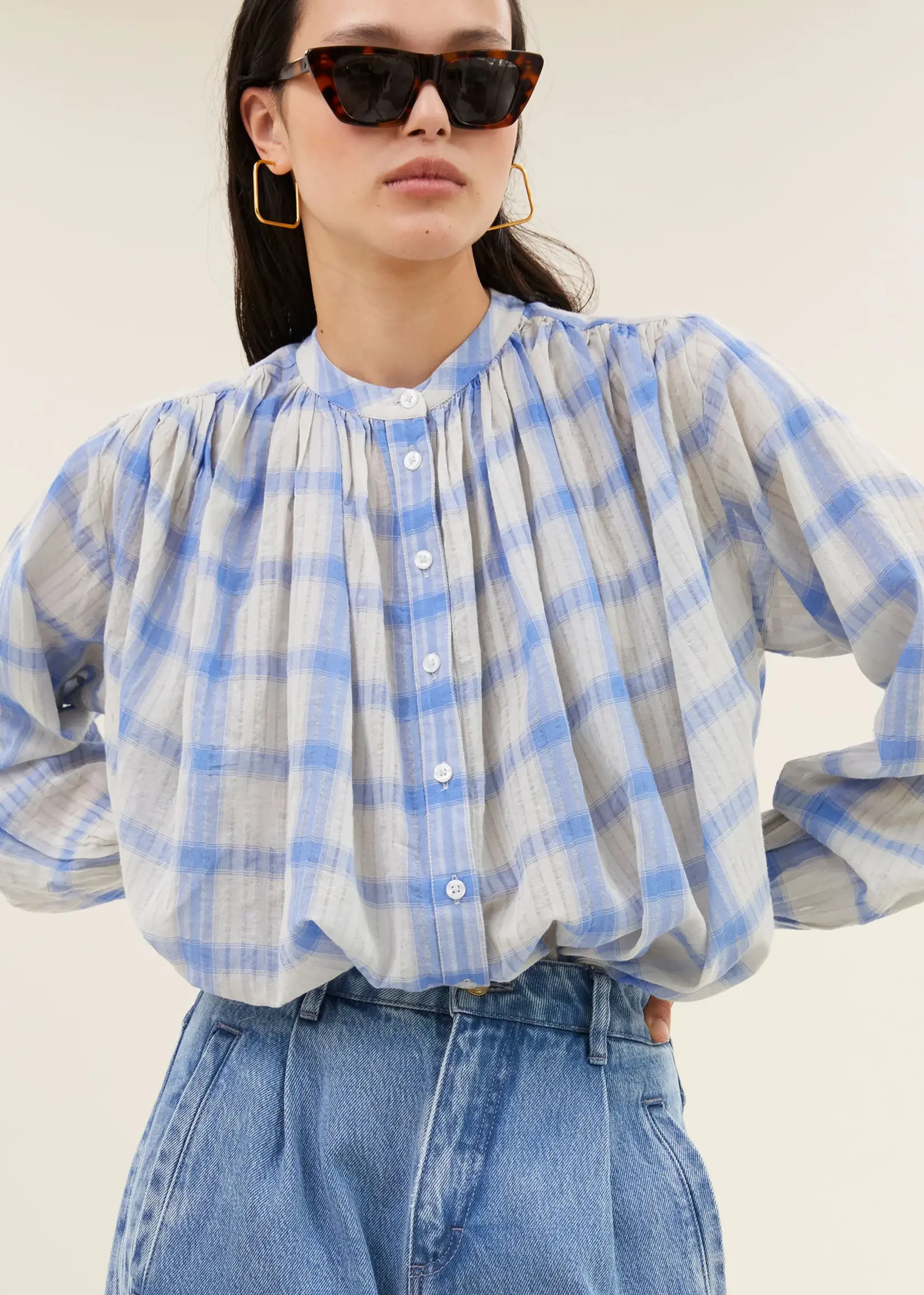 By-Bar Nyka Check Blouse - Light Blue Check