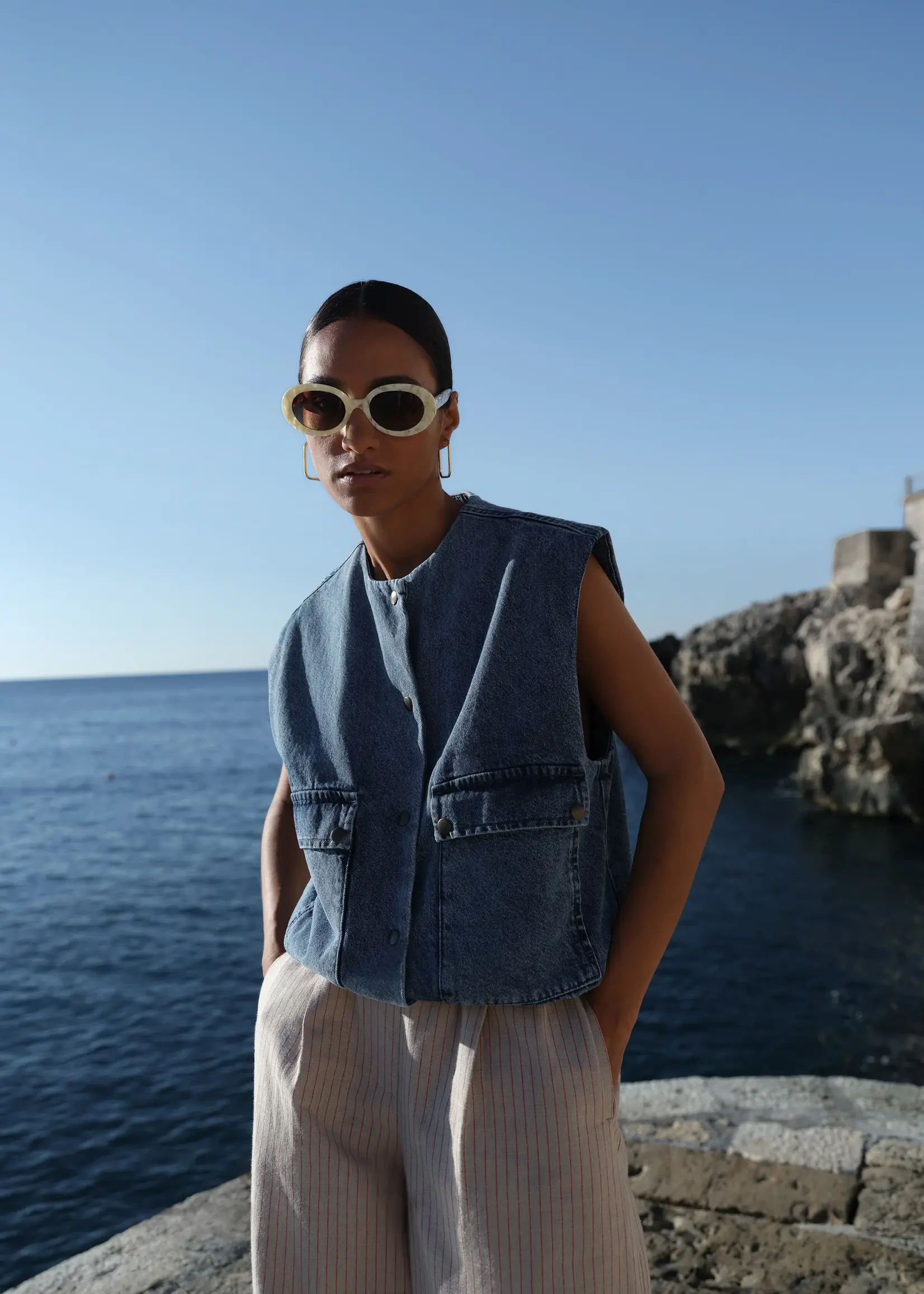 By-Bar Maggie Denim Sleeveless Jacket - Mid Denim