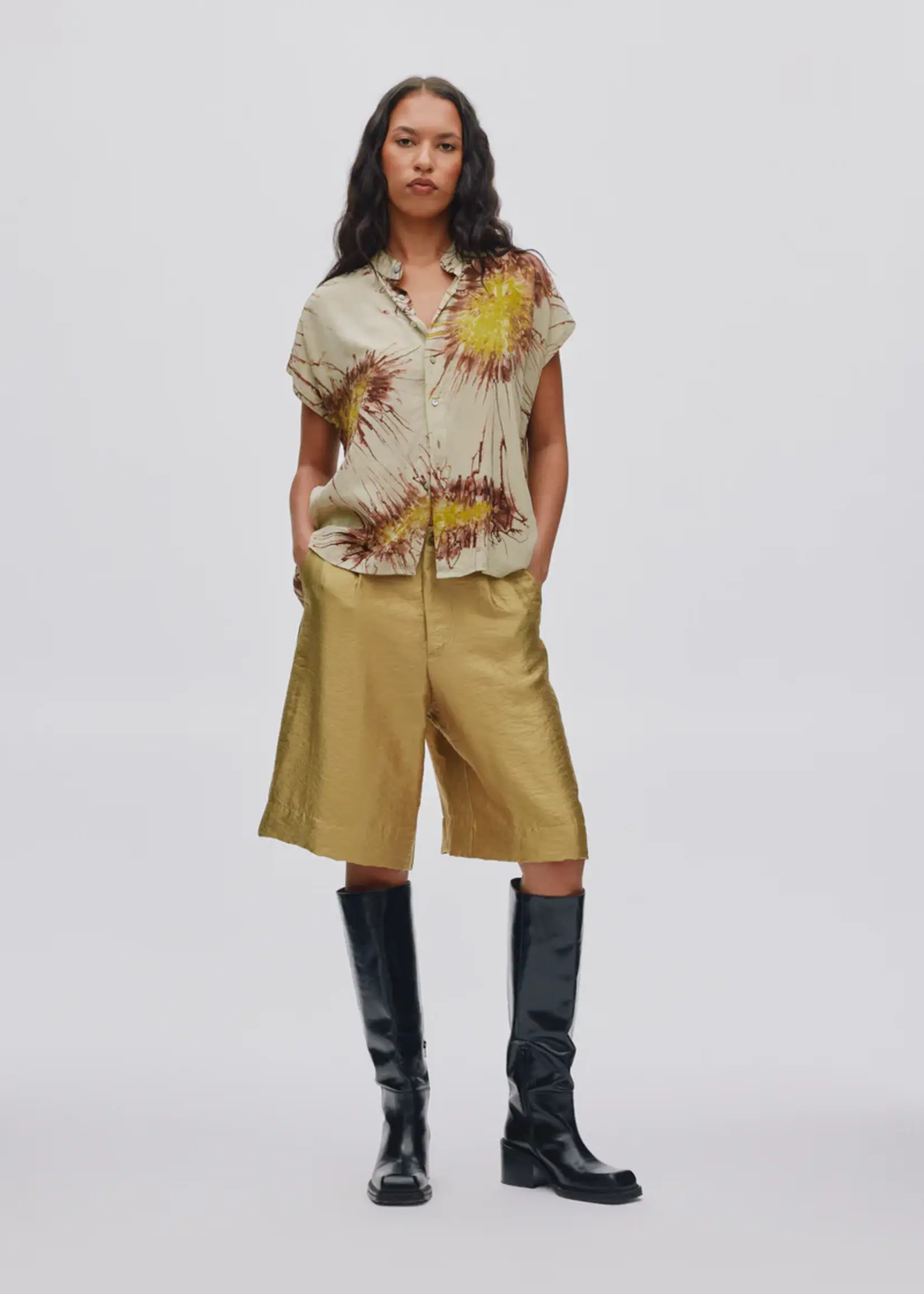 Rabens Saloner HEVA - Sea Urchin Button Blouse - Chartreuse combo