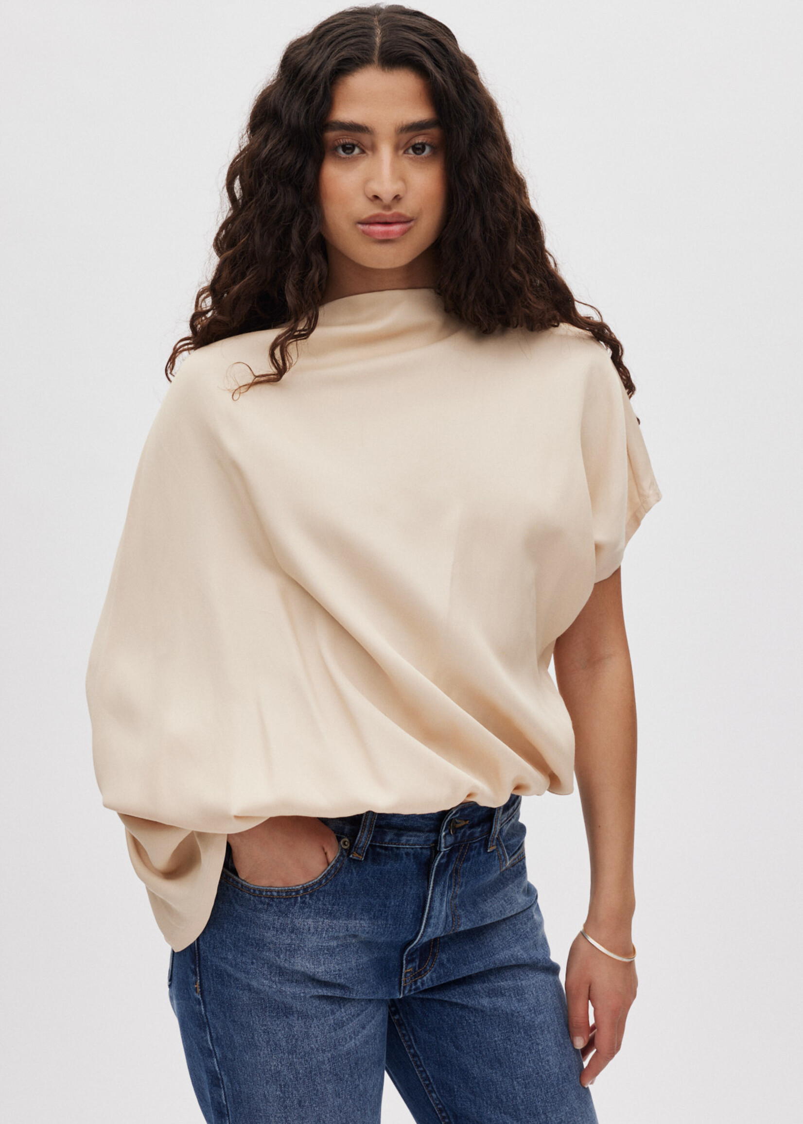Rabens Saloner Mist Ripple Drape Blouse - Sand Dollard