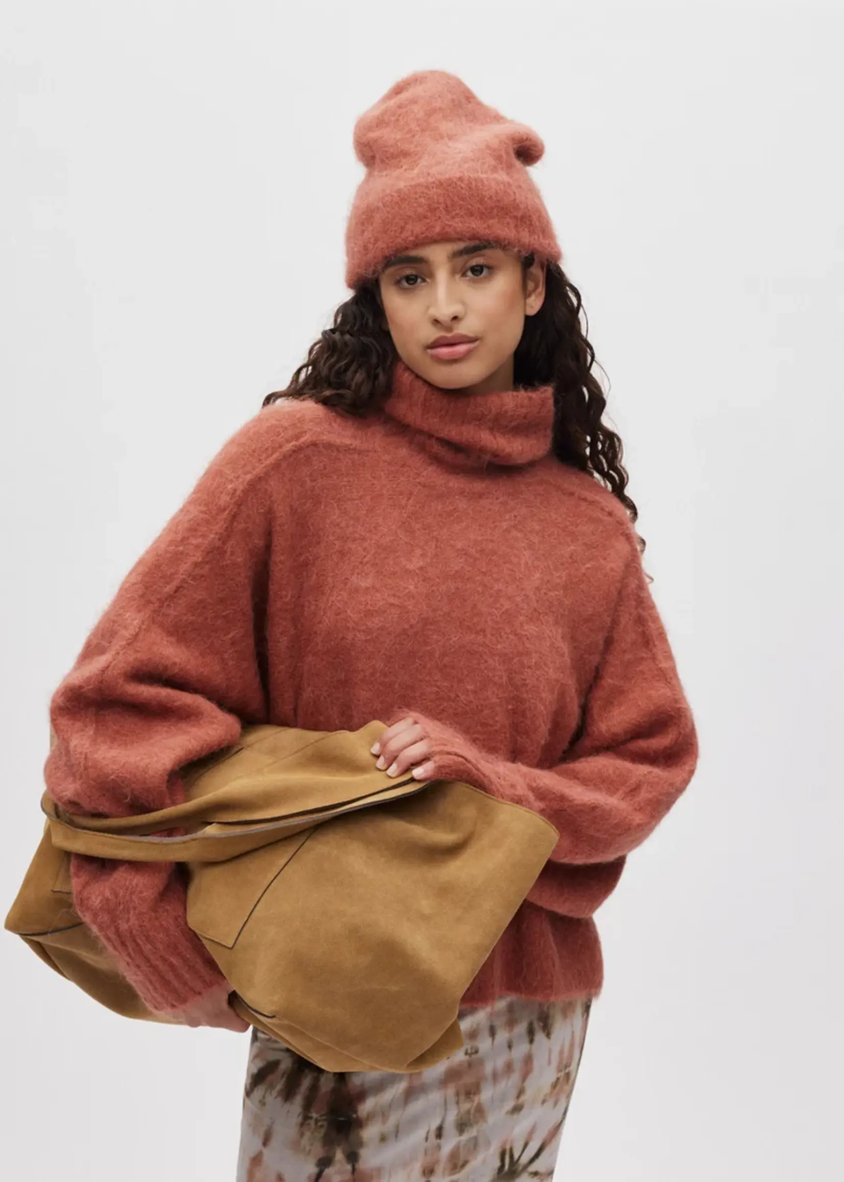 Rabens Saloner Mabeka Fluffy Knit Funnel Sweater - RedWood