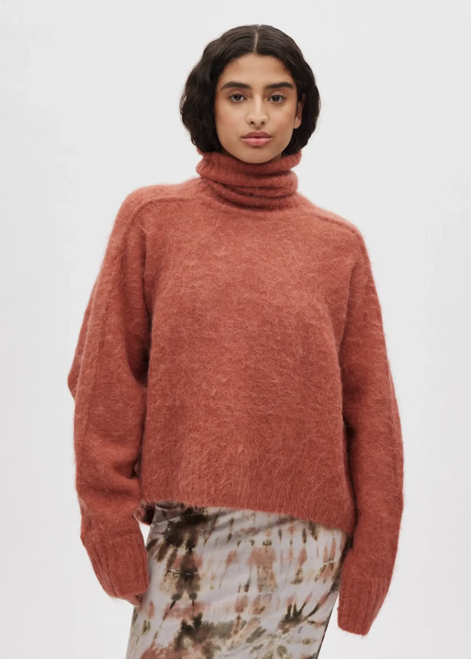 Rabens Saloner Mabeka Fluffy Knit Funnel Sweater - RedWood