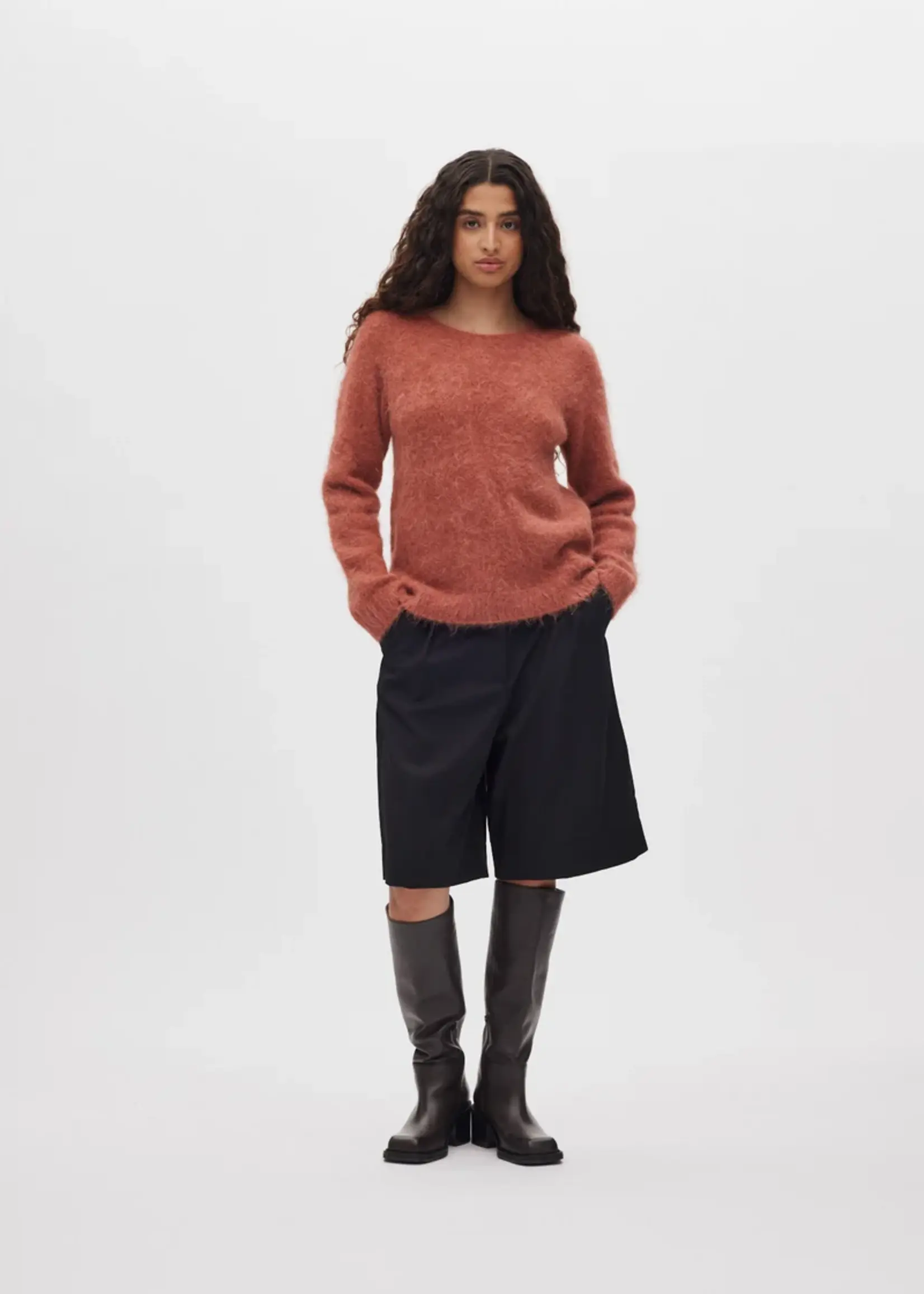 Rabens Saloner Dinea Fluffy Knit Open Back Sweater - Redwood