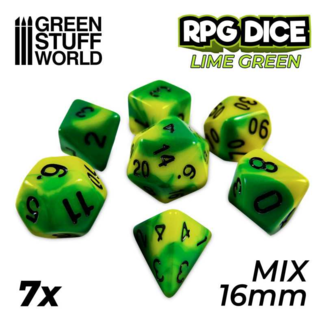 Green Stuff World 7x Mix 16mm Dice - Lime Swirl