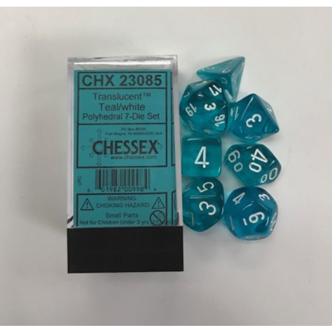 Translucent Teal/white Polydice Dobbelsteen Set (7 stuks)