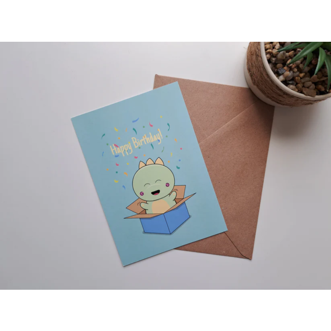 Greeting card Dinosaur jumping out of box + envelope