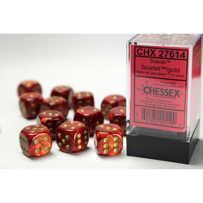 Scarab Scarlet/gold D6 16mm Dobbelsteen Set (12 stuks)