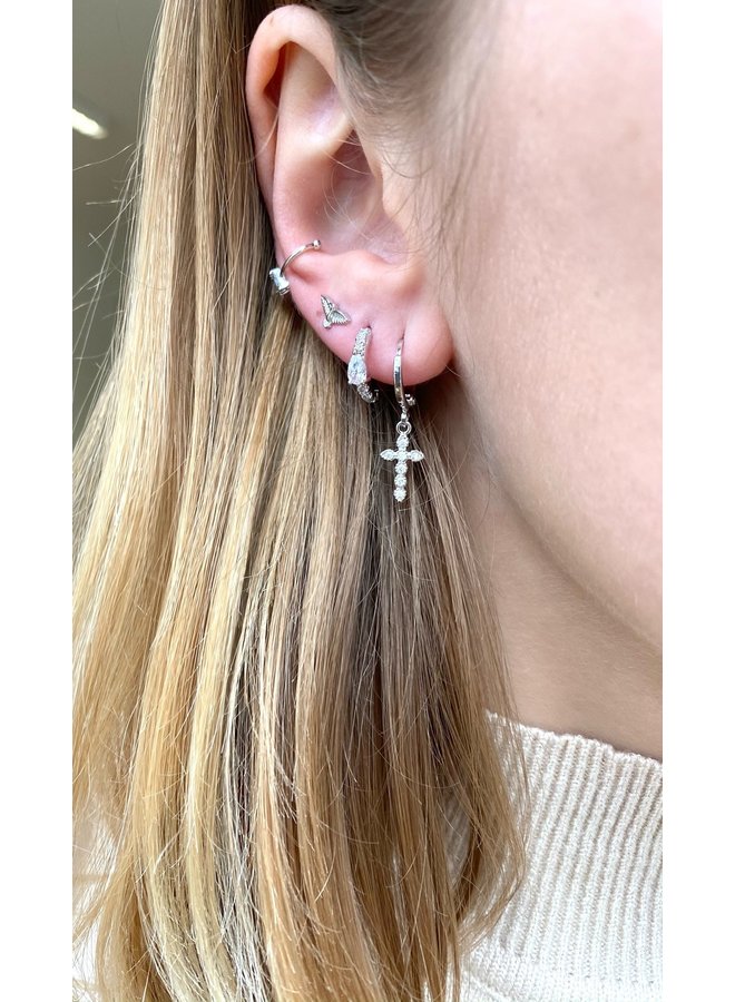 CRYSTAL SILVER CROSS EARRING