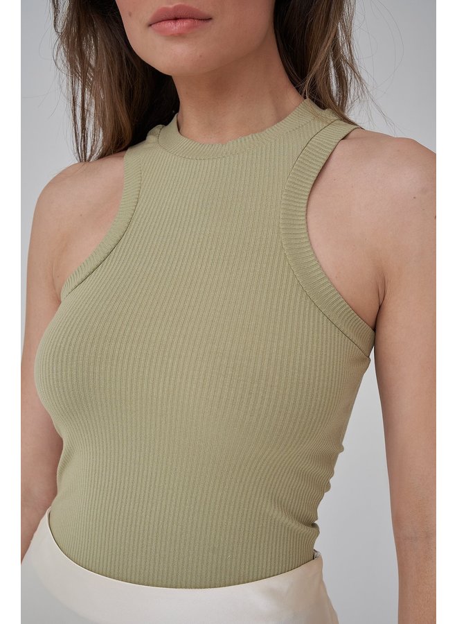 HIGH NECK RIBBED TOP - GREEN