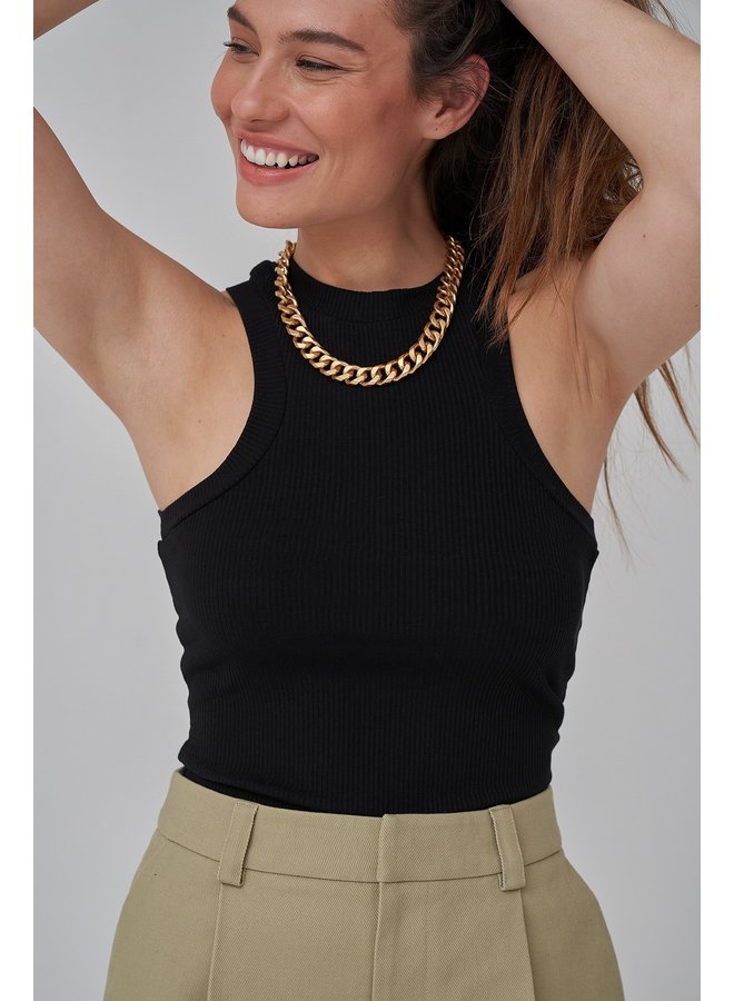 HIGH NECK RIBBED TOP - BLACK