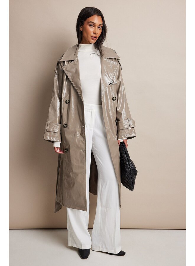 SHINY PU BELTED TRENCH COAT TAUPE