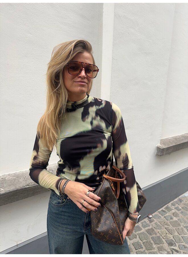 YASLOMI HIGH NECK LS TOP NEW DARK OLIVE/MISA PRINT