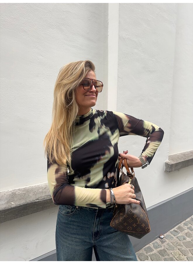 YASLOMI HIGH NECK LS TOP NEW DARK OLIVE/MISA PRINT