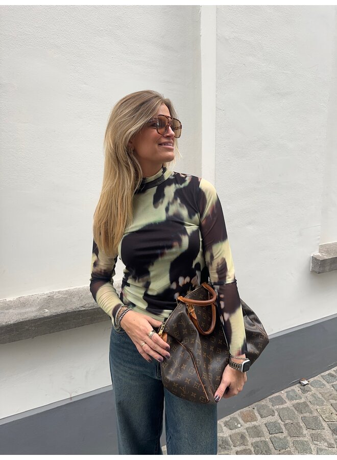 YASLOMI HIGH NECK LS TOP NEW DARK OLIVE/MISA PRINT