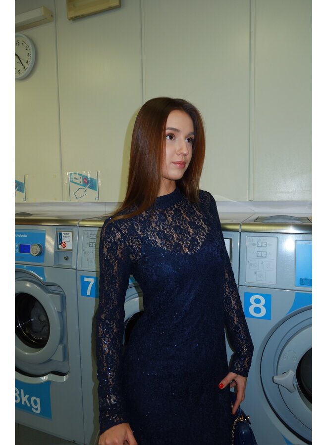 YASLINALA LS LACE LONG DRESS NAVY SEQUIN