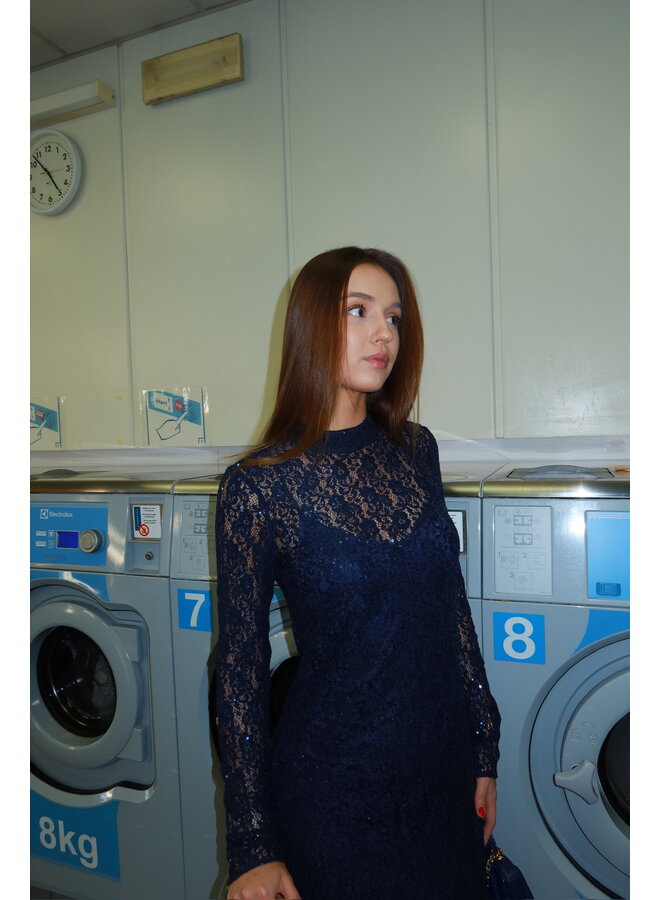 YASLINALA LS LACE LONG DRESS NAVY SEQUIN