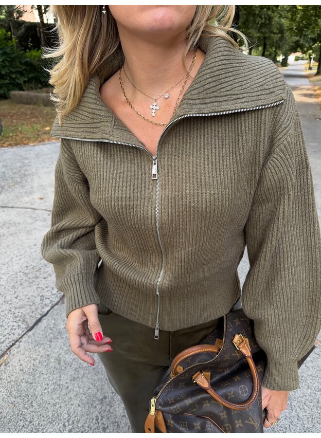 ROW ZIP KNIT CARDIGAN ARMY GREEN