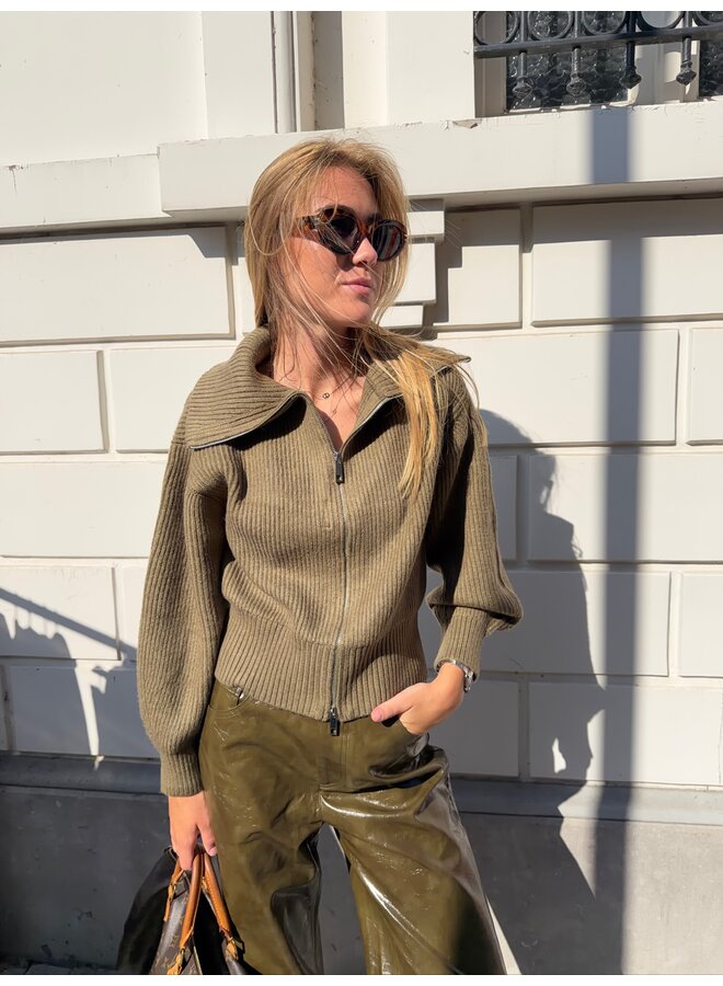 ROW ZIP KNIT CARDIGAN ARMY GREEN