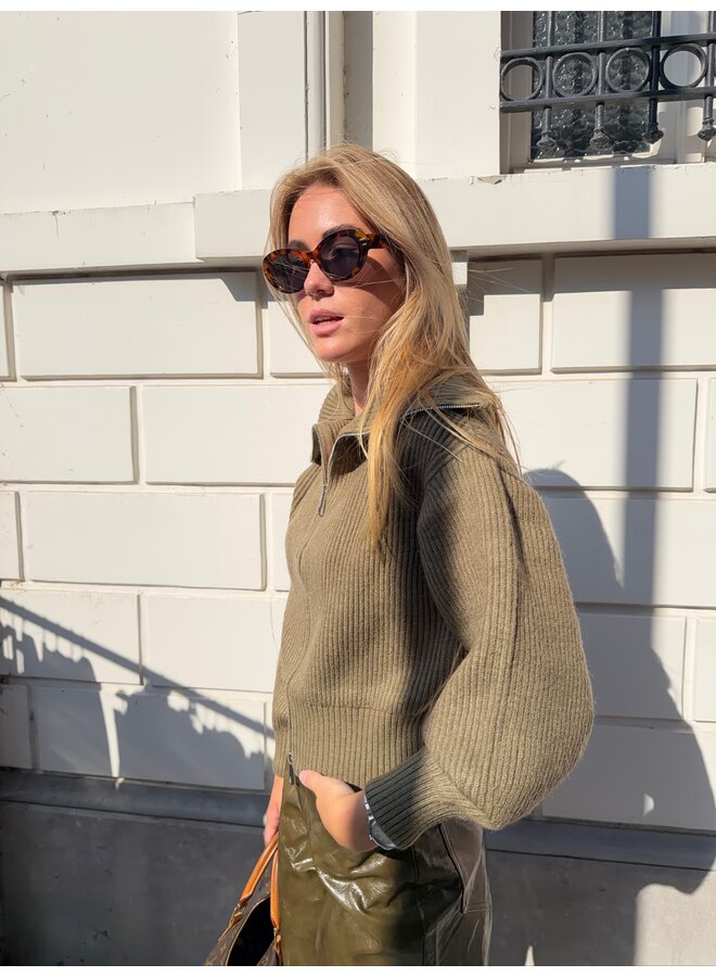 ROW ZIP KNIT CARDIGAN ARMY GREEN