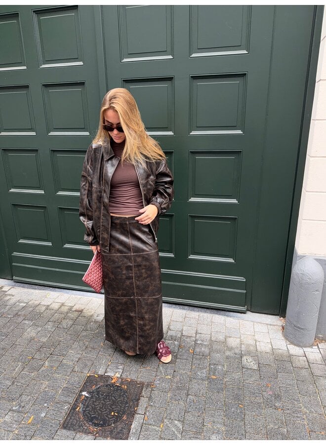 JELLA PU SKIRT DARK BROWN WASHED